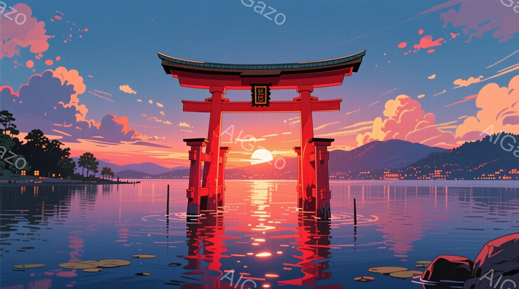 朱色の鳥居が水面に浮かび、夕焼け空と水面に鮮やかな反射を映し出している。背景には、ぼんやりとした山並みと、遠くに見える小さな建物が並び、穏やかで幻想的な雰囲気を醸し出している。空はオレンジ色と紫色のグ - AI生成フリー素材