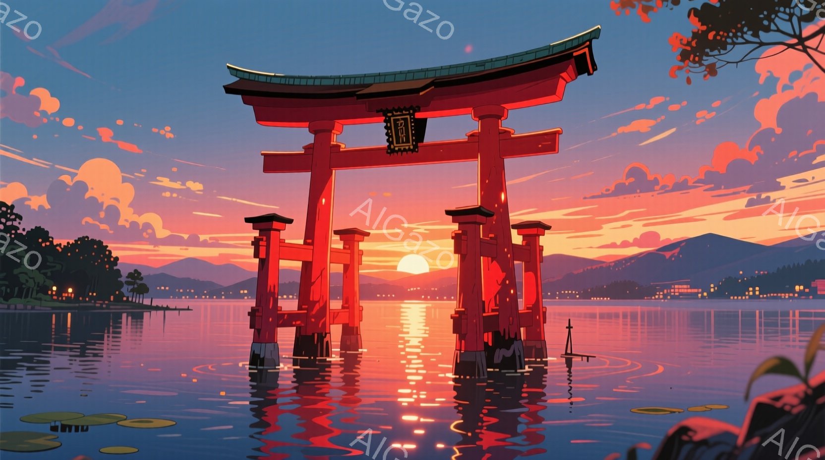 朱色の鳥居が水中にそびえ立ち、水面に夕焼けが反射してオレンジ色に輝いている。遠景には山々が連なり、穏やかな湖と夕焼け空が幻想的な雰囲気を醸し出している。水面には鳥居の影が映り込み、水面に浮かぶ緑の植物 - AI生成フリー素材