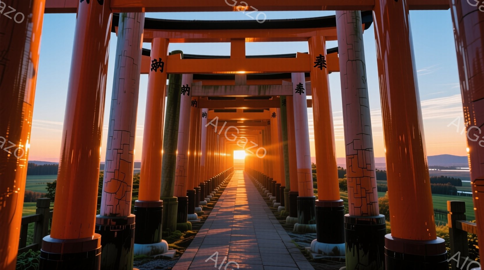 朱色の鳥居が連なる参道が、遠くの太陽に向かってまっすぐに伸びている。鳥居の隙間から差し込む陽光が、参道を黄金色に染め上げ、幻想的な雰囲気を醸し出している。背景には緑の草地と遠くの山々が広がり、静寂と厳かな空気が漂っている。