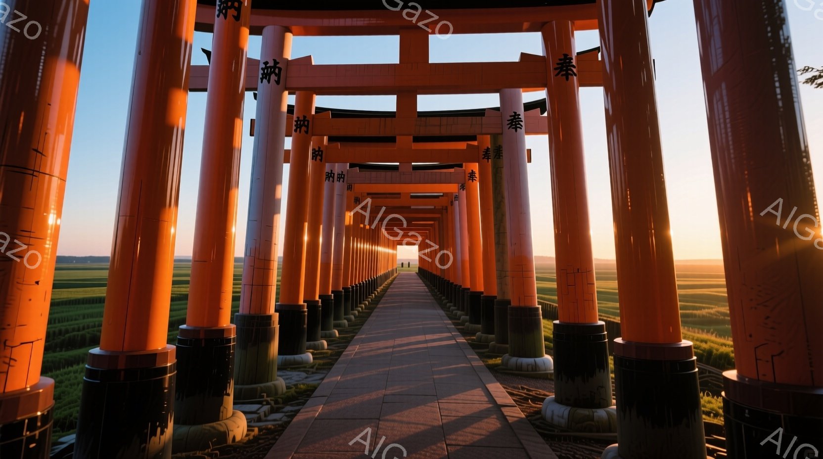 朱色の鳥居が連なる伏見稲荷大社の千本鳥居が、視界いっぱいに広がっています。早朝の光が鳥居の間から差し込み、道と空を鮮やかに照らし出しており、背後には緑色の田園風景が広がっています。全体的に厳かで神秘的な雰囲気が漂い、静寂の中に神聖な力が感じられます。