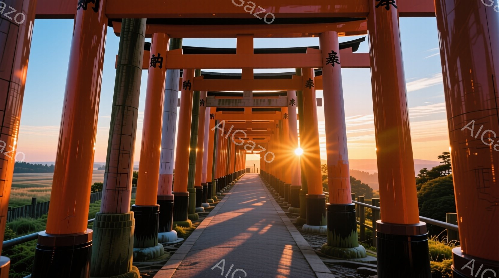 朱色の鳥居が連なる参道が、遠くの太陽に向かってまっすぐに伸びている。鳥居の隙間から差し込む光が、石畳の道を明るく照らし、周囲の緑豊かな自然とのコントラストが美しい。穏やかな朝の光景は、静寂と希望に満ちた雰囲気を醸し出している。