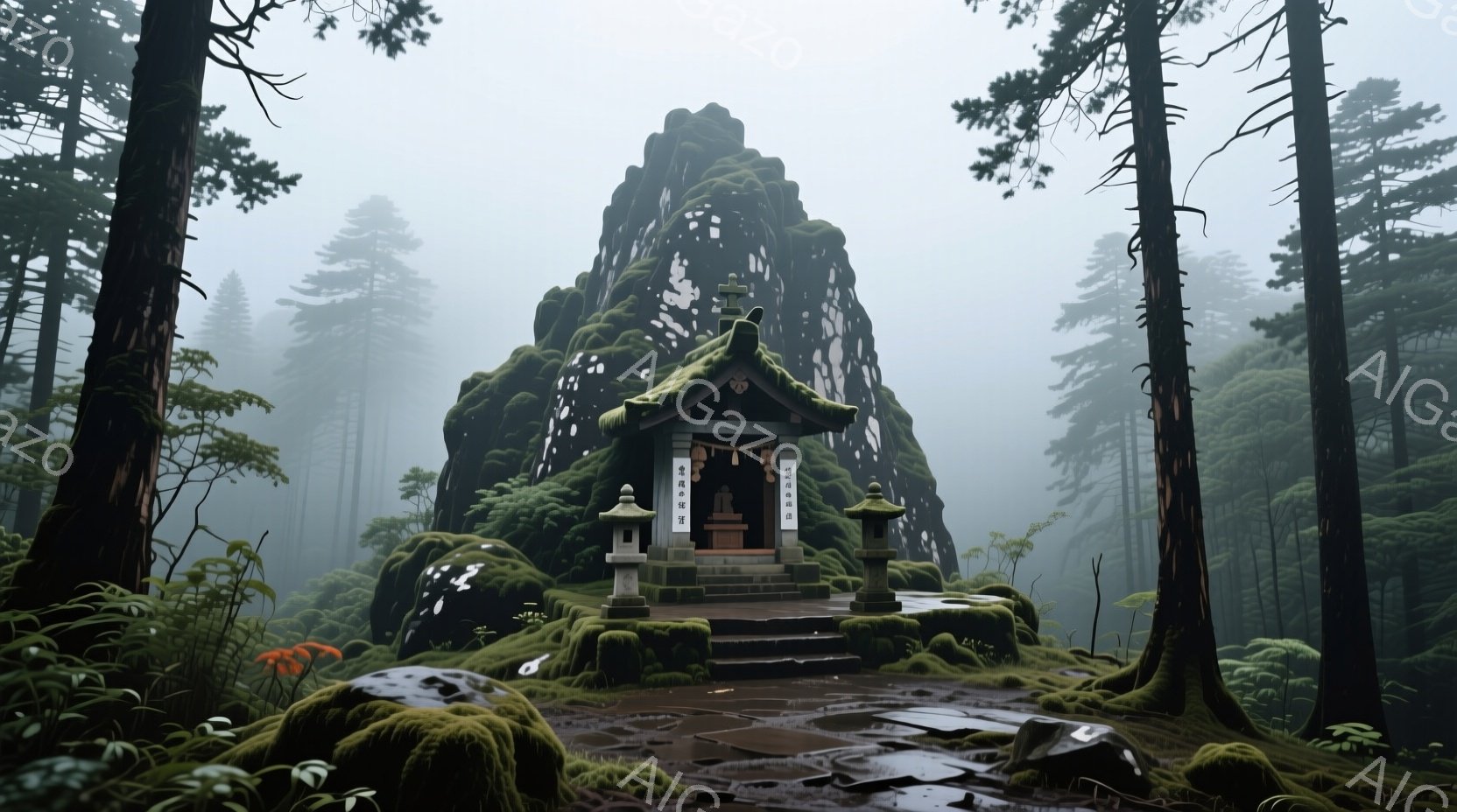 鬱蒼とした森の中に、苔むした石の建造物と小さな祠が佇んでいます。祠は緑色の屋根を持ち、何かの文字が書かれた額が飾られています。霧が立ち込め、背景の木々をぼんやりと覆い、静寂で神秘的な雰囲気を醸し出しています。