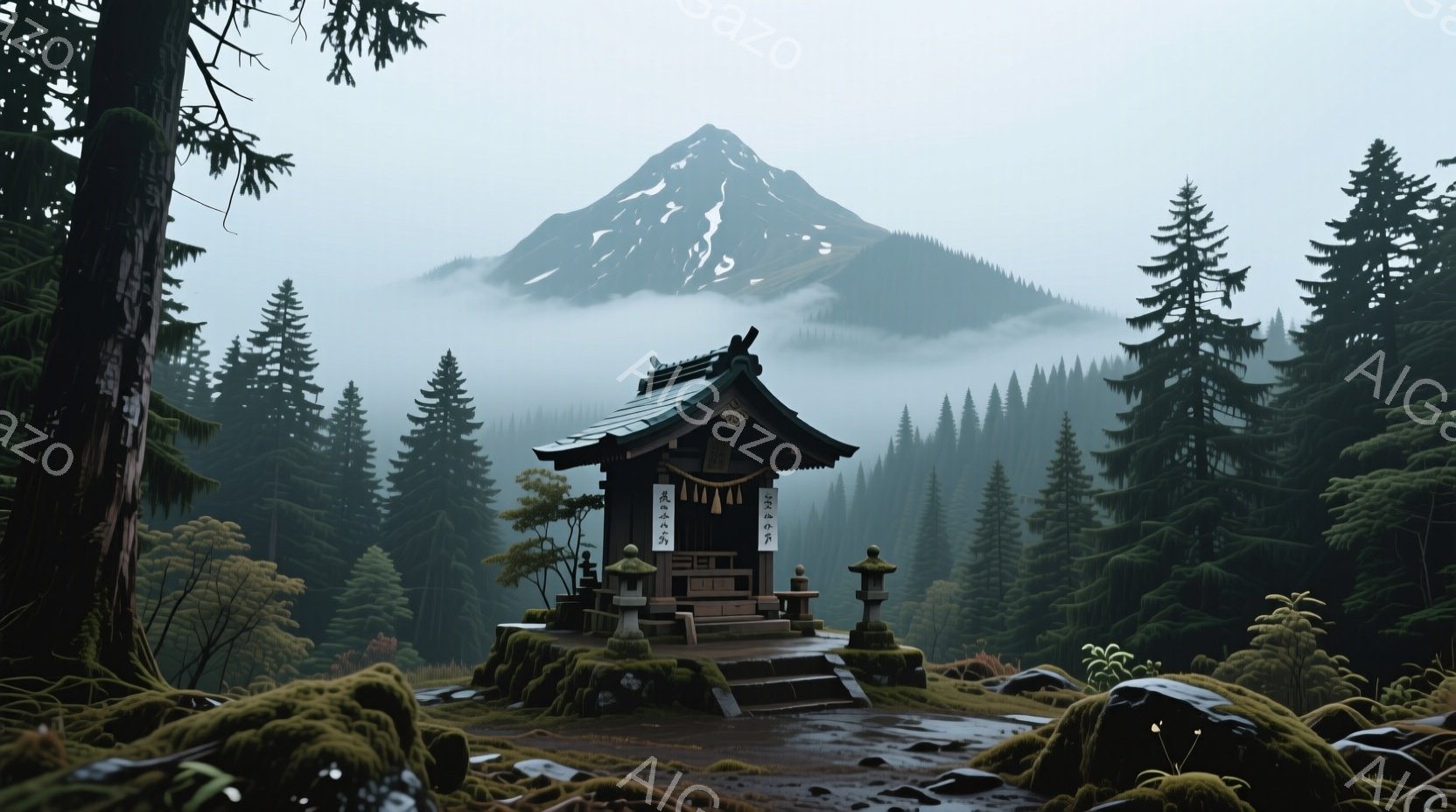 鬱蒼とした針葉樹林の中に、苔むした石段と石灯籠に守られた小さな神社が佇んでいます。背景には霧に包まれた山がそびえ立ち、静寂で神秘的な雰囲気を醸し出しています。全体的に緑と灰色の落ち着いた色調で、自然の - AI生成フリー素材