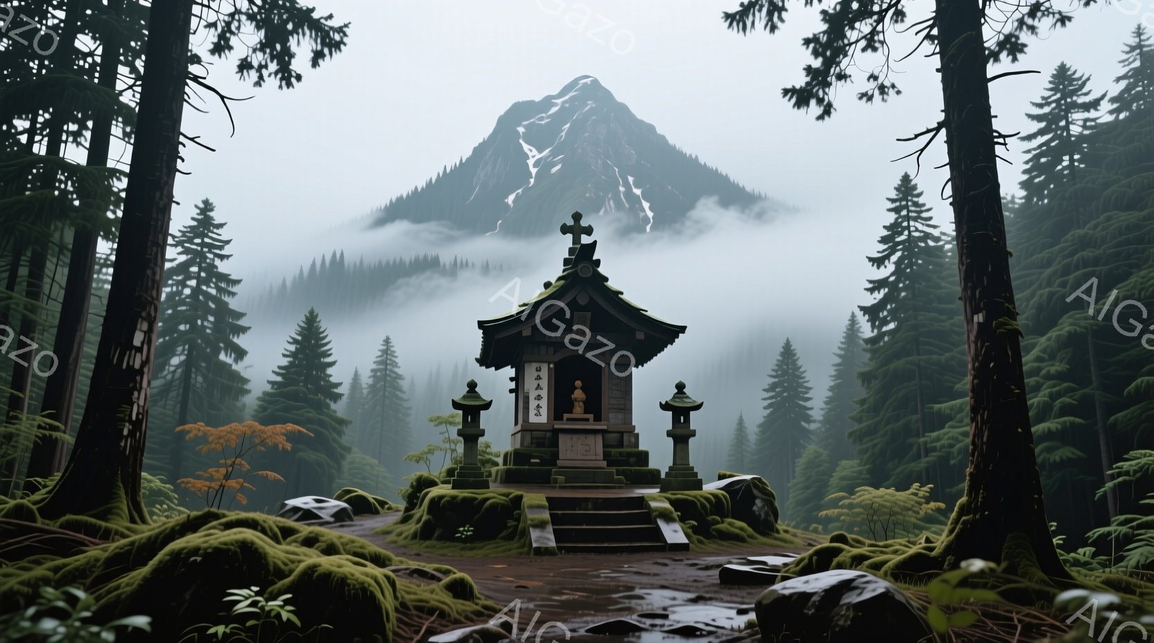 緑豊かな森林の中に、苔むした石造りの基壇の上に建立された小さな仏舎利塔が佇んでいます。塔は緑色の屋根を持ち、繊細な彫刻が施されており、周囲には石灯籠が配置されています。背景には、雲に覆われた険しい山々がそびえ立ち、静寂で神秘的な雰囲気を醸し出しています。