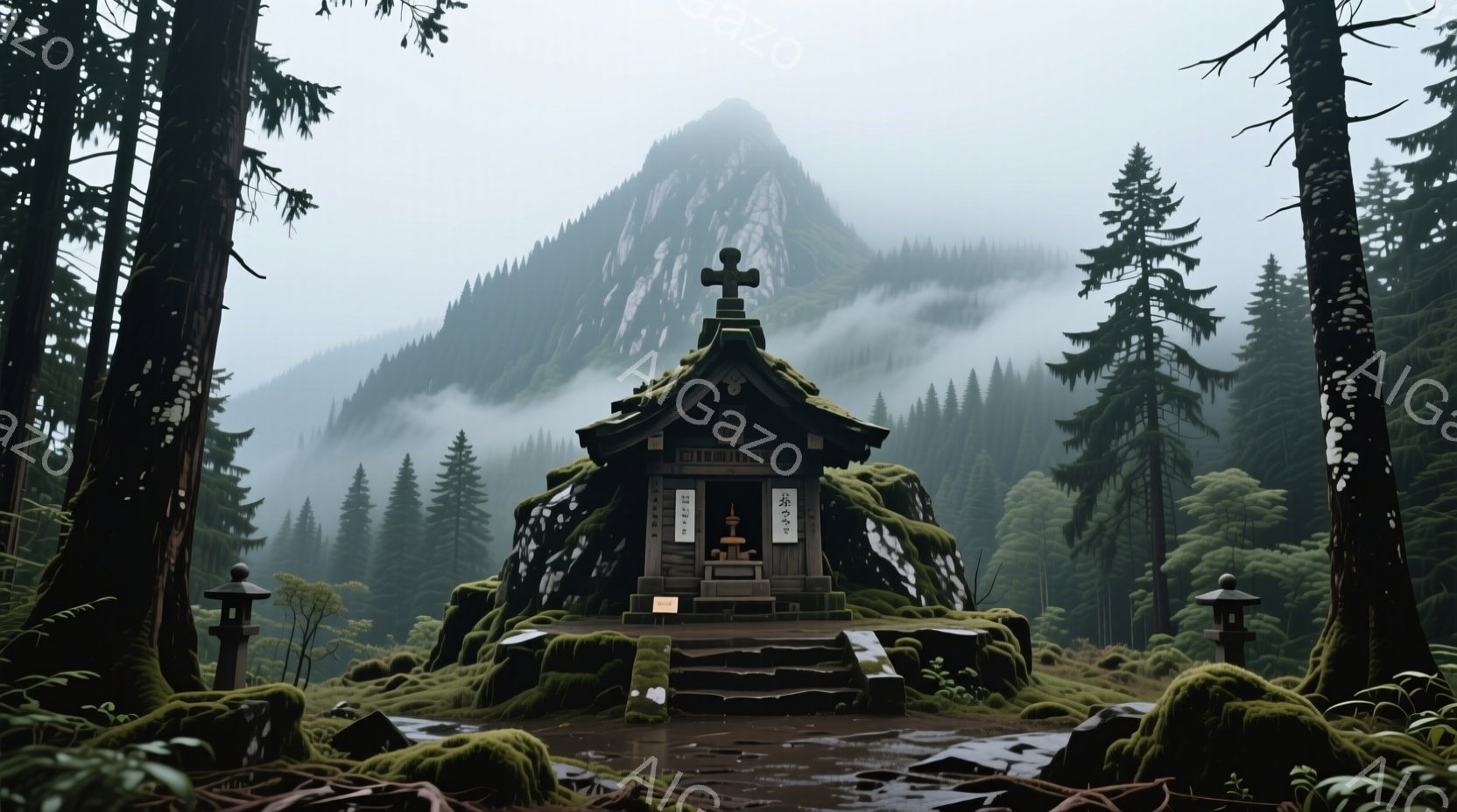 鬱蒼とした森の中に、苔むした岩の上に小さな祠が建っている。祠は緑色の屋根を持ち、正面には「恭敬」と書かれた額が飾られている。背景には霧に包まれた山々がそびえ立ち、全体的に静寂で神秘的な雰囲気を醸し出している。