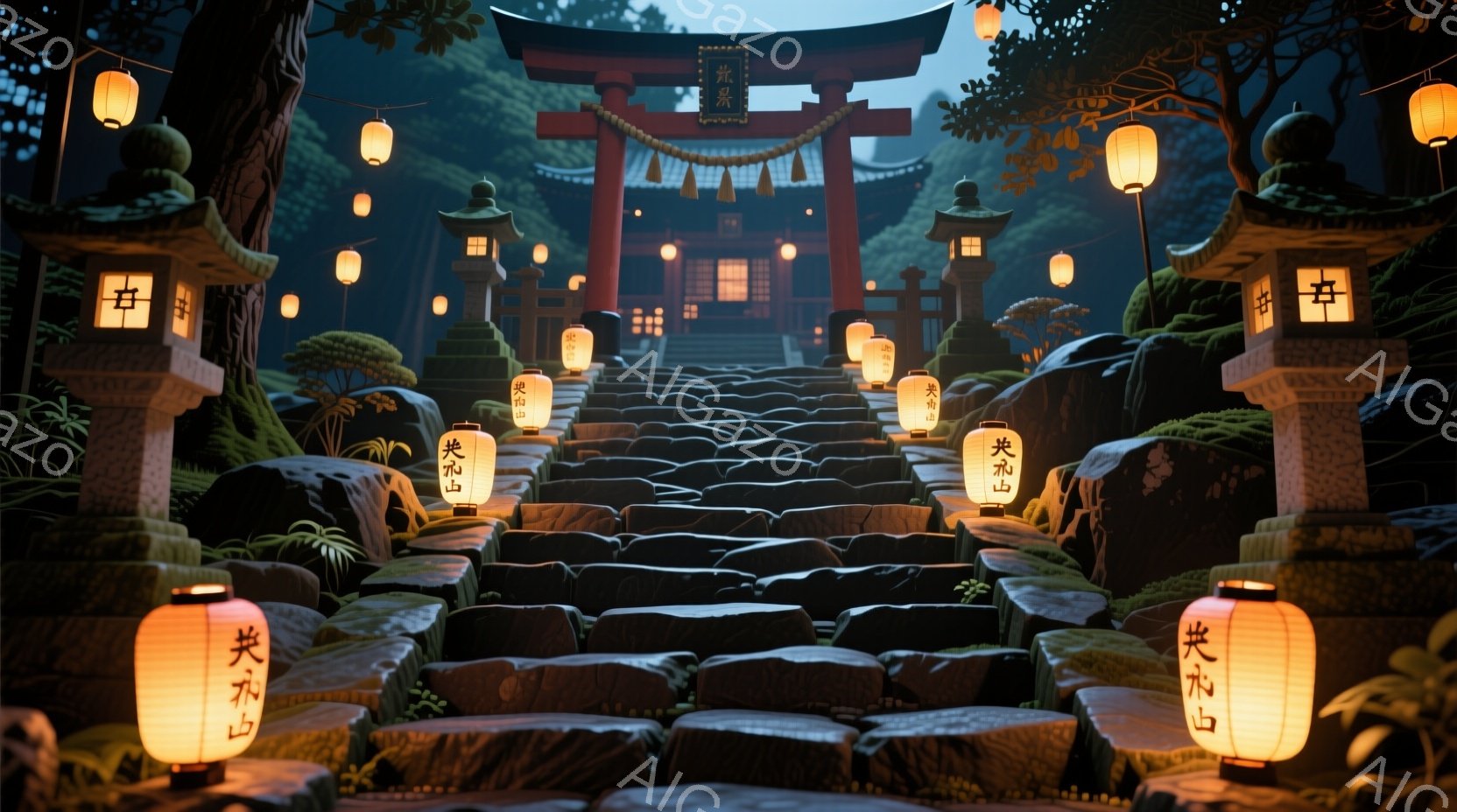 石段が続く参道は、鳥居へと向かって伸びています。両脇には石灯籠が立ち並び、暖色の明かりが参道を照らしています。背景には緑豊かな木々が生い茂り、幻想的な雰囲気を醸し出しています。 - AI生成フリー素材