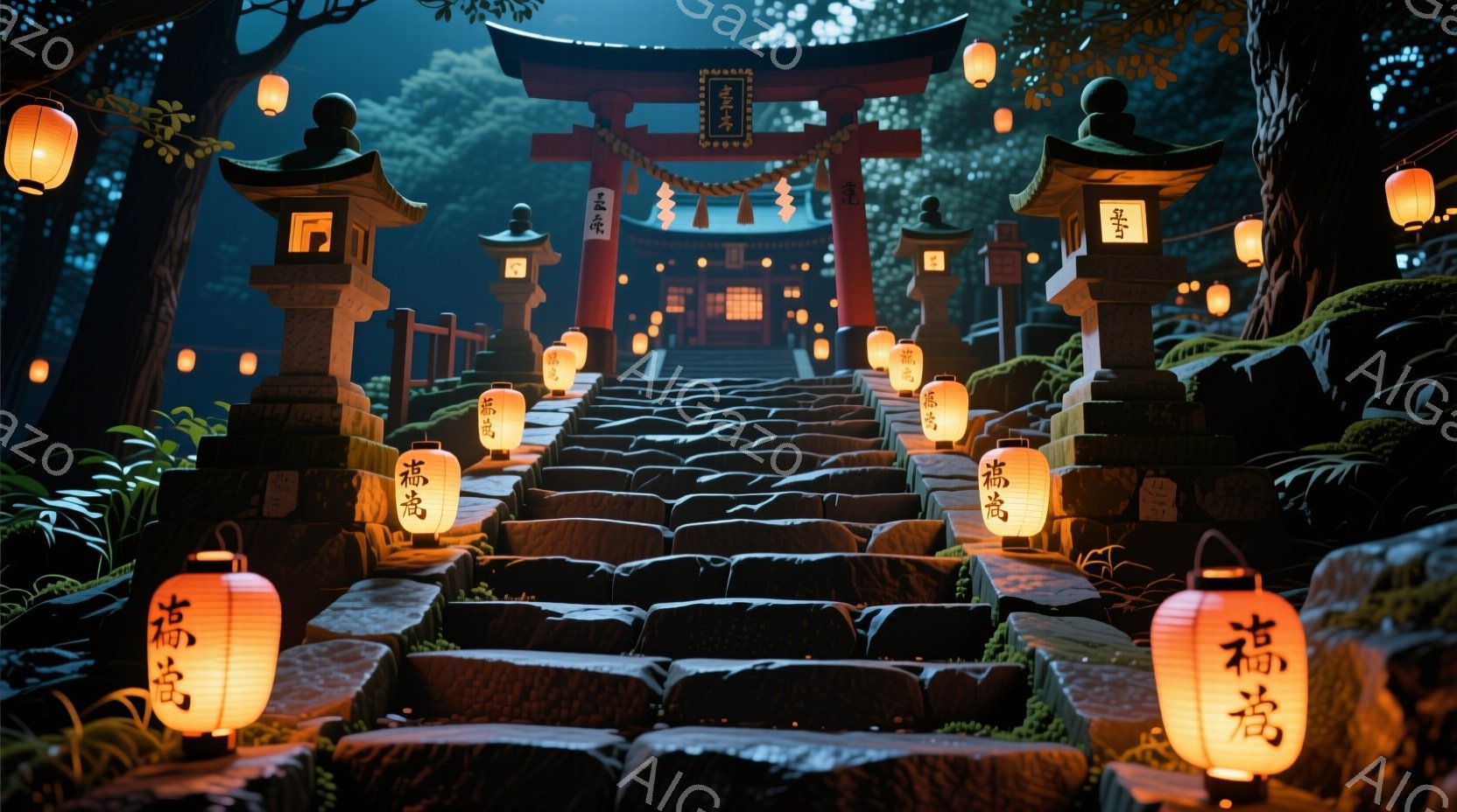 石段が続く参道は、赤く塗られた鳥居と灯籠に照らされ、幻想的な雰囲気を醸し出しています。緑豊かな木々が背景を覆い、夜の静寂と神秘的な雰囲気を強調しています。参道は古びた石畳で、雨上がりのような湿った質感 - AI生成フリー素材