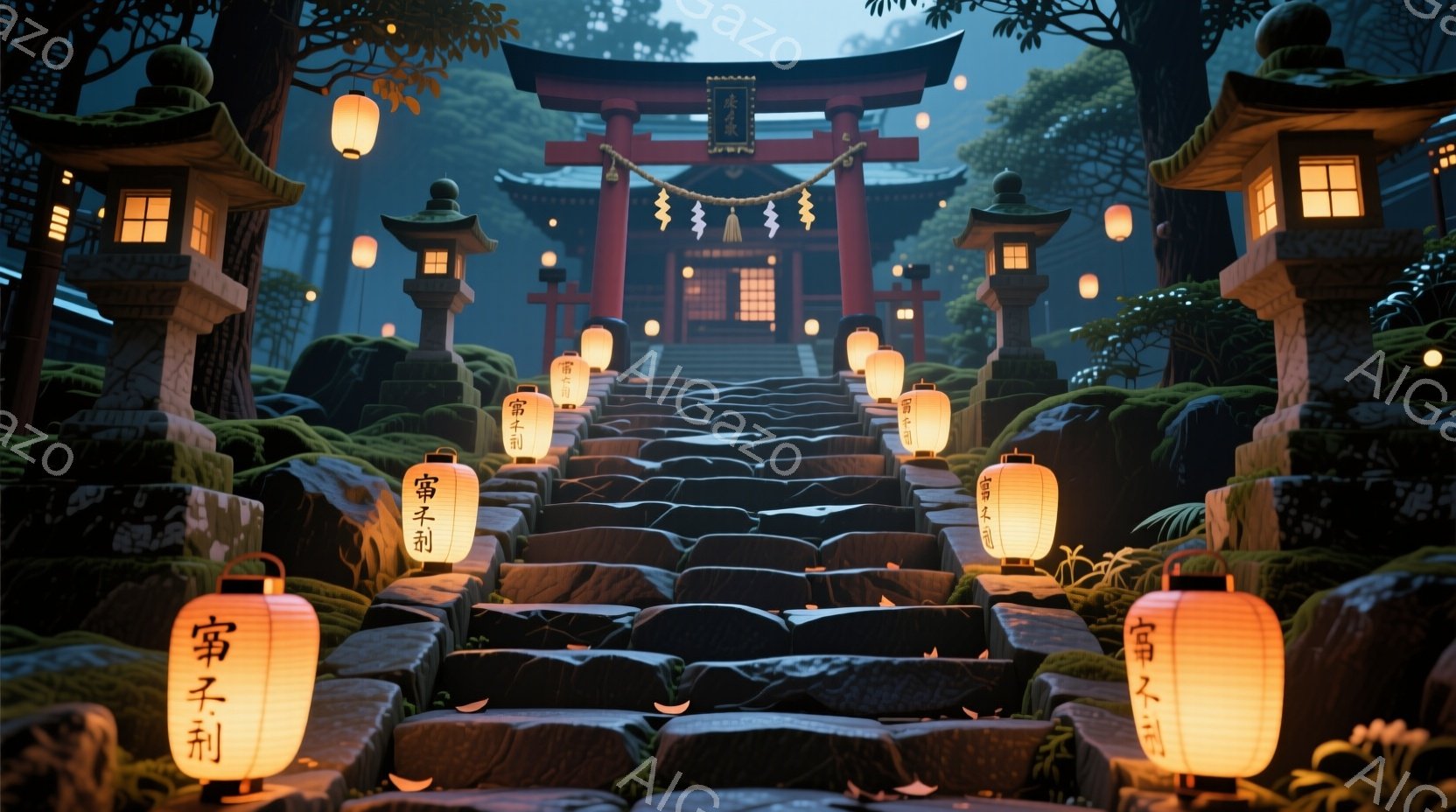 石段が続く参道は、赤い鳥居によって荘厳な雰囲気を醸し出しています。両脇には提灯が並び、柔らかな光が石段を照らし、苔むした石や緑豊かな木々が幻想的な空間を作り出しています。静寂の中、鳥居の奥へと続く道は、神秘的で神聖な雰囲気に満ちています。