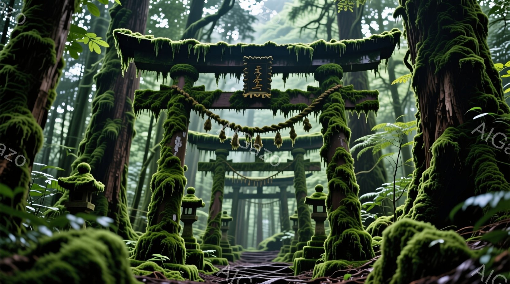 苔むした鳥居が連なる参道が、深い緑の森の中に続いています。鳥居や石灯籠は苔で覆われ、古びた趣を醸し出しており、湿った空気と薄暗い光が神秘的な雰囲気を強調しています。 参道は石畳で、遠くにはぼんやりとし - AI生成フリー素材