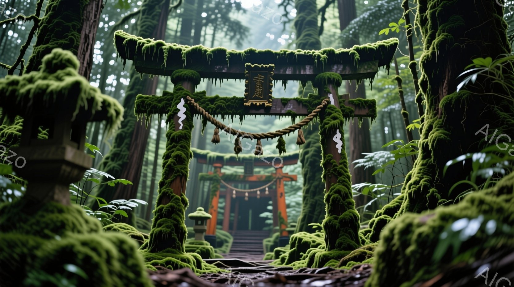 苔むした鳥居が深い森の中にそびえ立ち、鮮やかな朱色の社殿が奥に見えます。石段の両脇には石灯籠が配置され、鬱蒼とした緑の木々が神秘的な雰囲気を醸し出しています。霧が立ち込め、静寂と荘厳さを感じさせる、自 - AI生成フリー素材