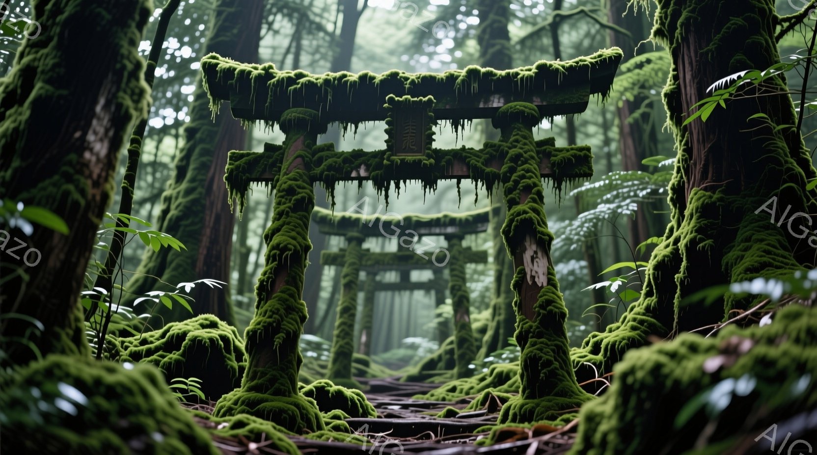 深い緑に覆われた参道に、苔むした鳥居が連なる様子が描かれている。木々の根が地面を覆い、湿った空気と薄暗い光が神秘的な雰囲気を醸し出している。遠くにはさらに鳥居が見え、参道が奥へと続いており、静寂と自然の力強さを感じさせる。