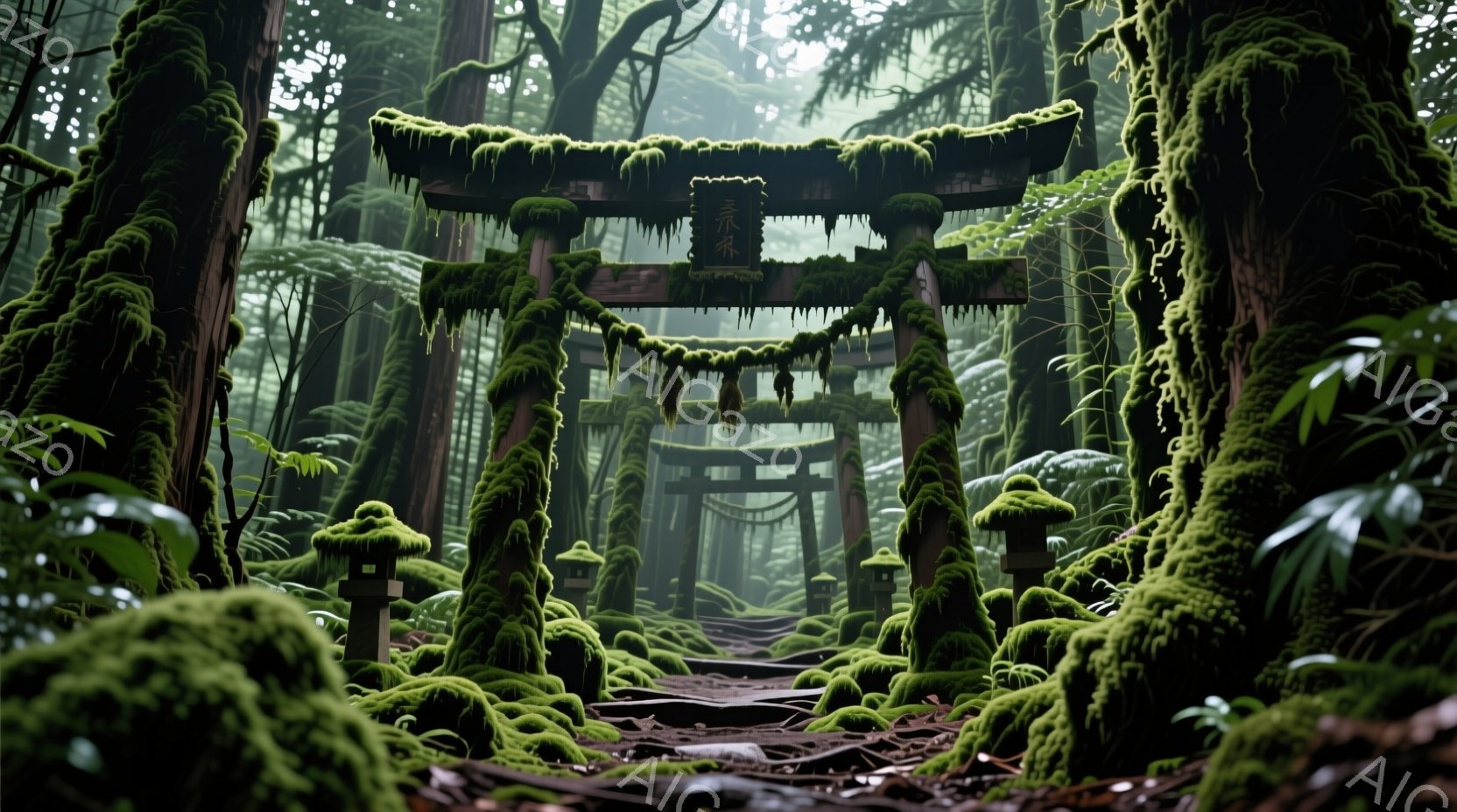 緑豊かな苔に覆われた木々が立ち並び、朱色の鳥居がその中にひときわ目立っています。石畳の道が鳥居へと続き、両脇には石灯籠が静かに佇んでいます。霧が立ち込め、神秘的で静寂な雰囲気が漂っています。 - AI生成フリー素材