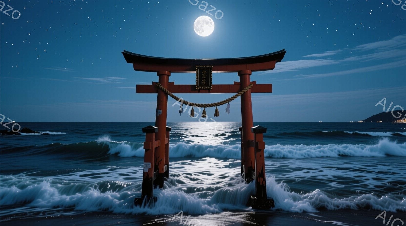 朱色の鳥居が黒い砂浜にそびえ立ち、荒々しい波がその下を打ち寄せている。満月が空高く輝き、月光が海面を照らし、鳥居に幻想的な光を落としている。夜空には星が散りばめられ、静寂と神秘的な雰囲気が漂っている。 - AI生成フリー素材