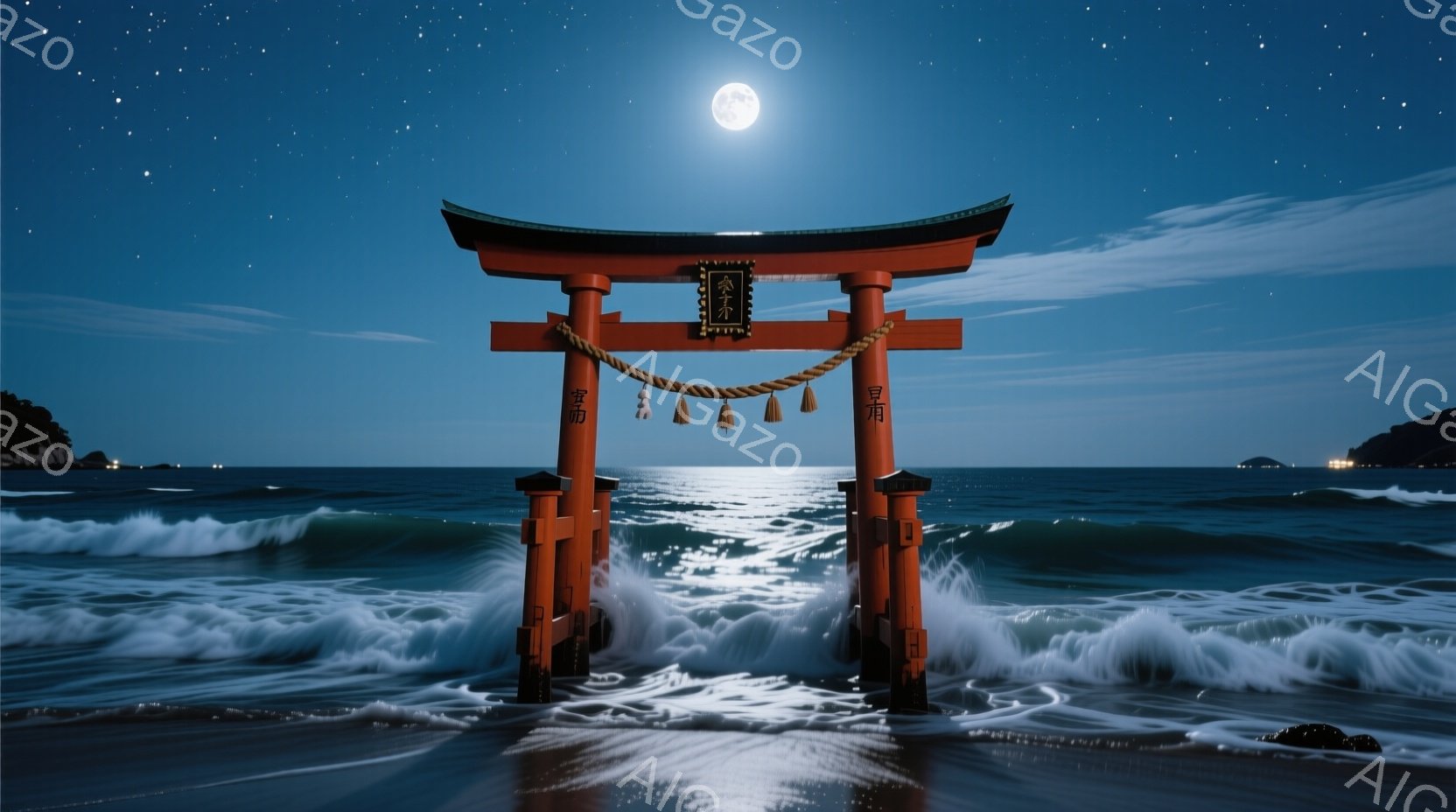 朱色の鳥居が海中にそびえ立ち、波に囲まれている。満月の光が鳥居を照らし、夜空には星が輝いている。背景には暗い陸地が見え、全体的に神秘的で静寂な雰囲気を醸し出している。 - AI生成フリー素材