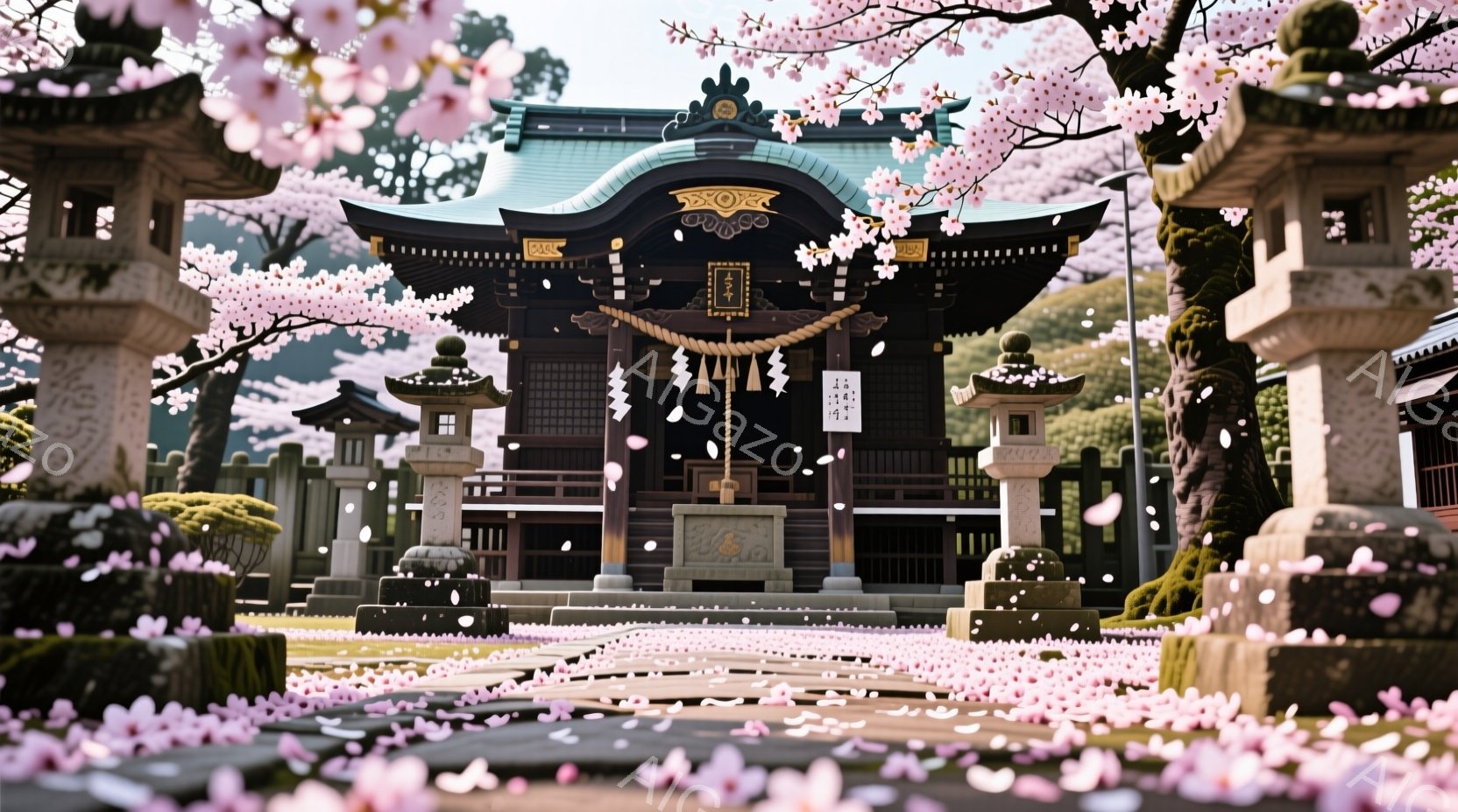 鮮やかな桜の花びらが舞い散る中、荘厳な神社の建物が中央に位置している。朱色の柱と黒色の屋根が印象的で、左右には石灯籠が配置され、神聖な雰囲気を醸し出している。桜並木と石畳の参道が春の訪れを感じさせ、穏 - AI生成フリー素材