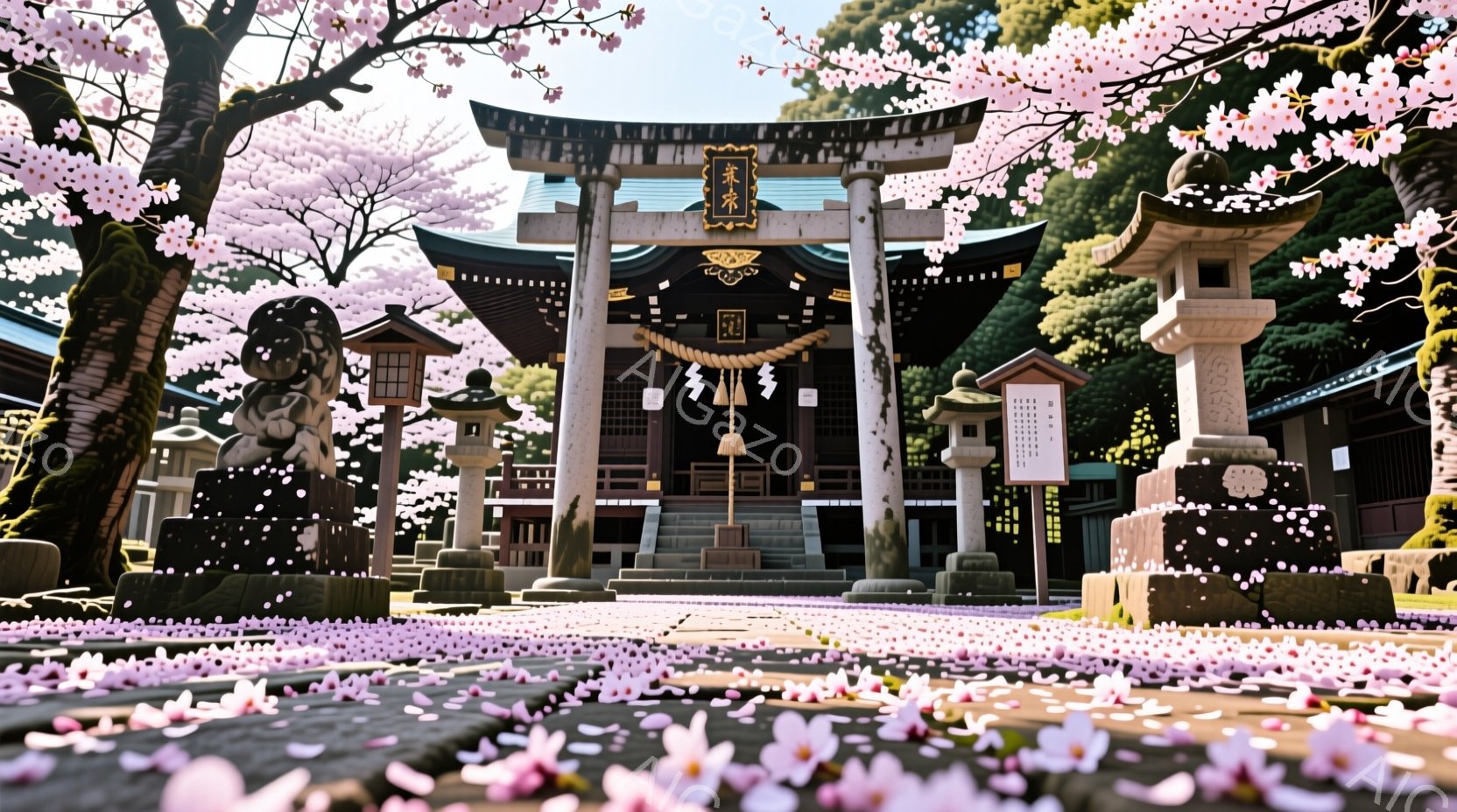 桜の花びらが舞い散る神社が描かれています。朱色の鳥居、石灯籠、そして背景の木々が春の訪れを感じさせます。全体的に穏やかで、静謐な雰囲気が漂っています。 - AI生成フリー素材