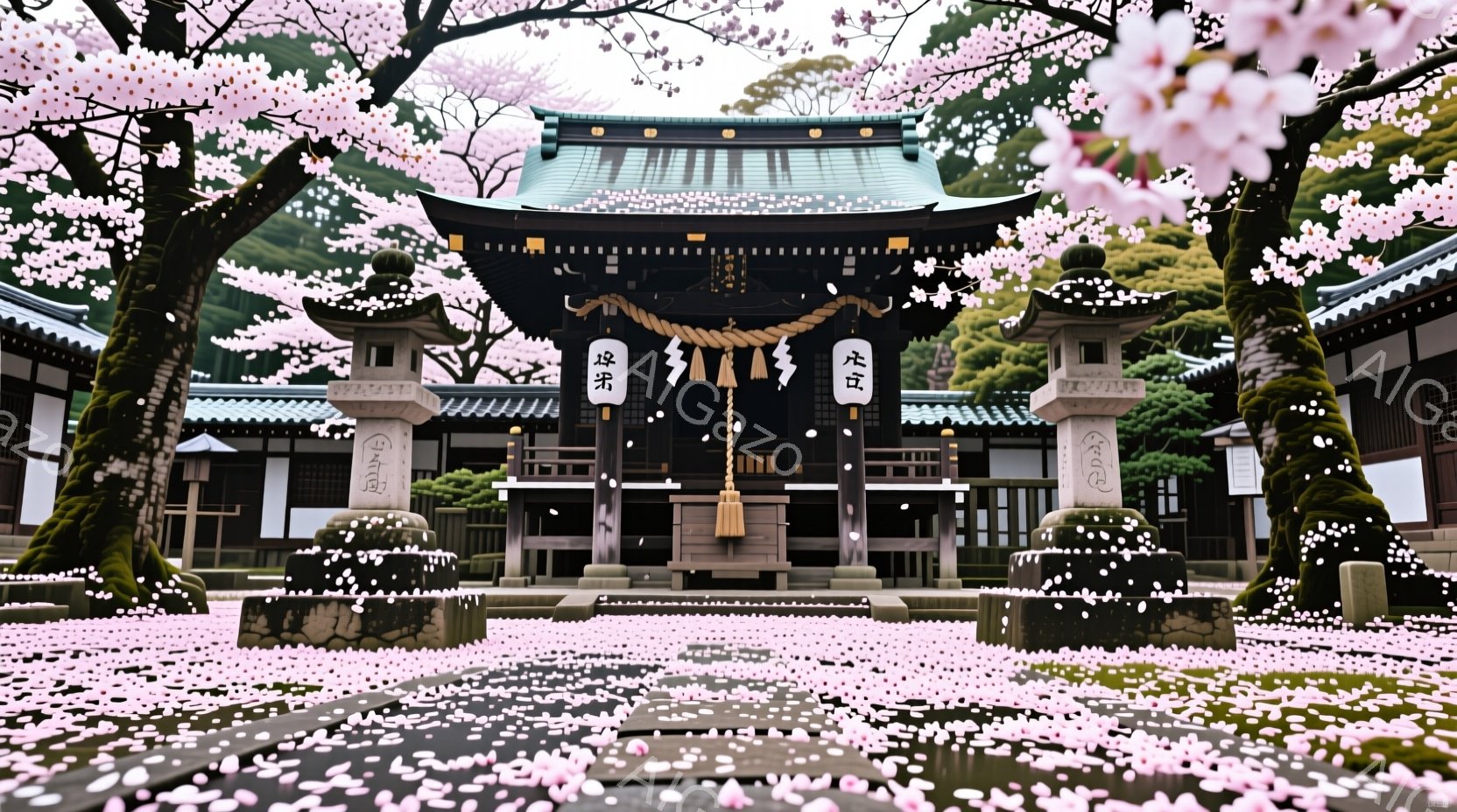 桜の花びらが舞い散る中、荘厳な寺院がそびえ立っている。黒い屋根と白い壁のコントラストが美しく、両脇には石灯籠が配置されている。地面は桜の花びらのピンク色の絨毯で覆われ、春の穏やかな雰囲気が漂っている。