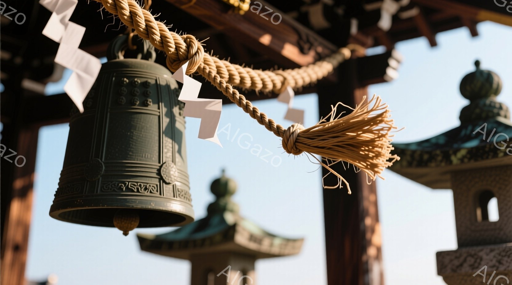 寺院の鐘が、白い短冊と藁の房飾りと共に、木造の柱と背景の五重塔とともに捉えられています。鐘には文字が刻まれ、古風で荘厳な雰囲気が漂っています。青空を背景に、日本の伝統的な寺院建築の美しさが際立っています。