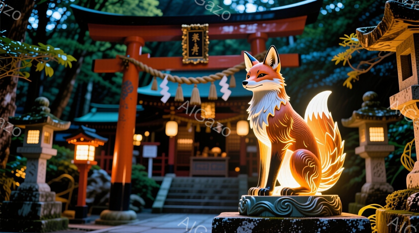 夜の神社を背景に、光り輝く狐の像が描かれている。像は台座に座り、正面を見据えており、その毛並みはオレンジ色と白色のグラデーションで美しく表現されている。周囲には石灯籠が立ち並び、緑豊かな木々が生い茂り、神聖で静謐な雰囲気を醸し出している。