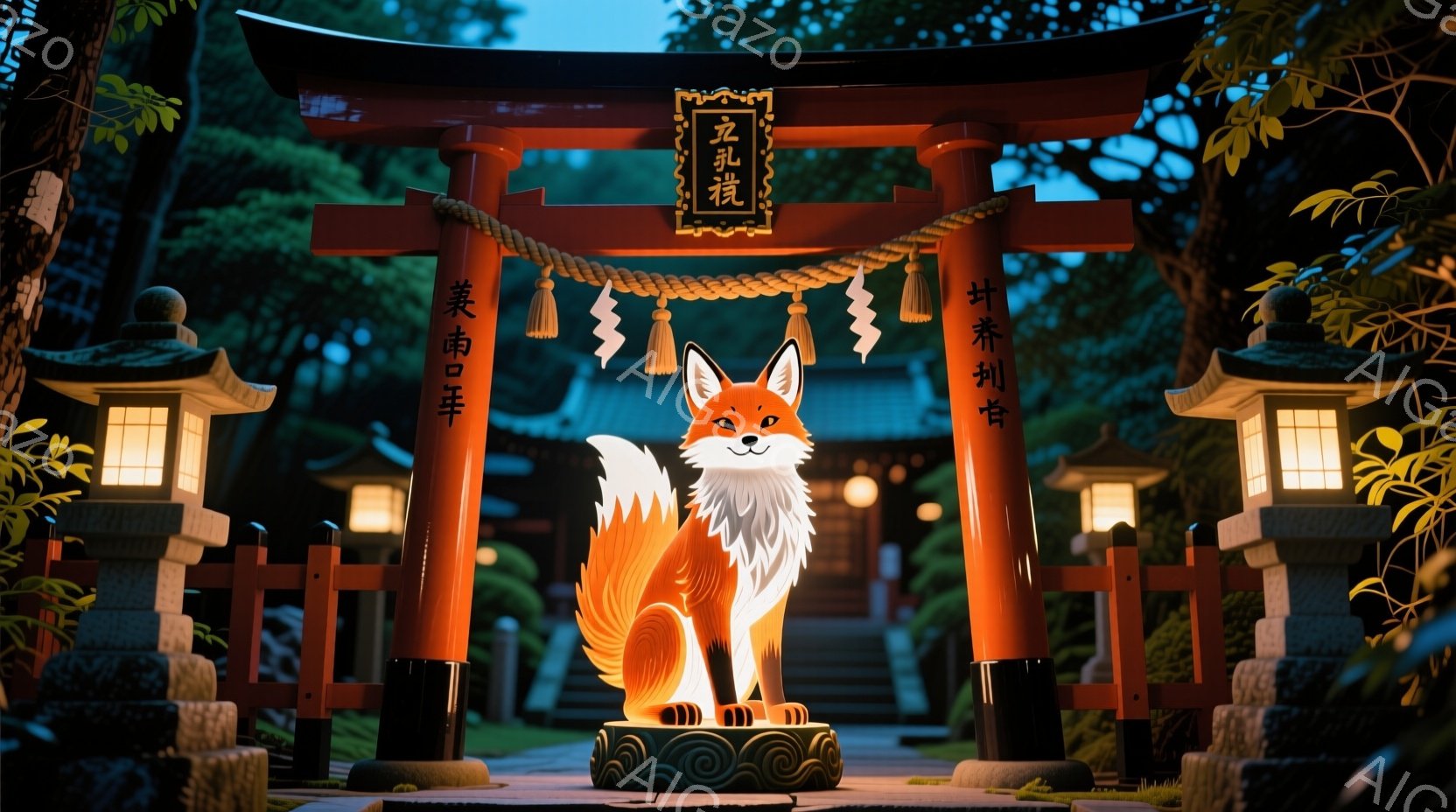 鮮やかな朱色の鳥居が、緑豊かな自然の中に聳え立っています。その前に、毛並みの美しいオレンジ色の狐が座り、穏やかな表情でこちらを見つめています。背景には石段が見え、周囲は木々や灯籠に囲まれ、幻想的で静謐な雰囲気を醸し出しています。