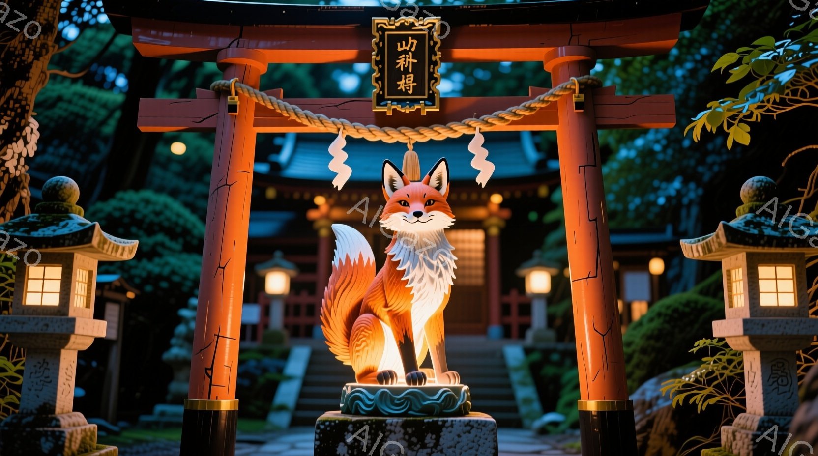 鮮やかな朱色の狐の像が、石の台座の上に凛々と立っている。背景には鳥居、灯篭、そして緑豊かな木々が見え、静かで神秘的な雰囲気を醸し出している。夜空の下、狐の像は穏やかな光を放ち、まるで神聖な場所を守護しているかのようだ。