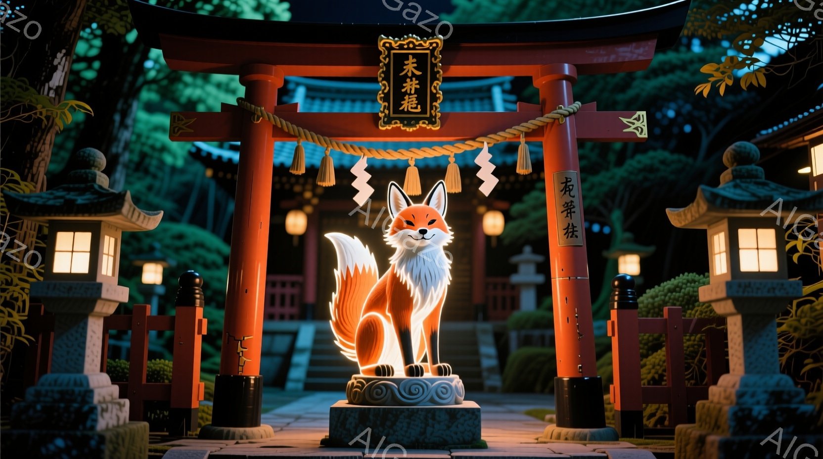朱色の鳥居が印象的な画像です。鳥居の下には、光り輝く狐が立っており、その姿は神秘的で優雅です。背景には緑豊かな木々や石灯籠が見え、夜の静寂と幻想的な雰囲気を醸し出しています。 - AI生成フリー素材