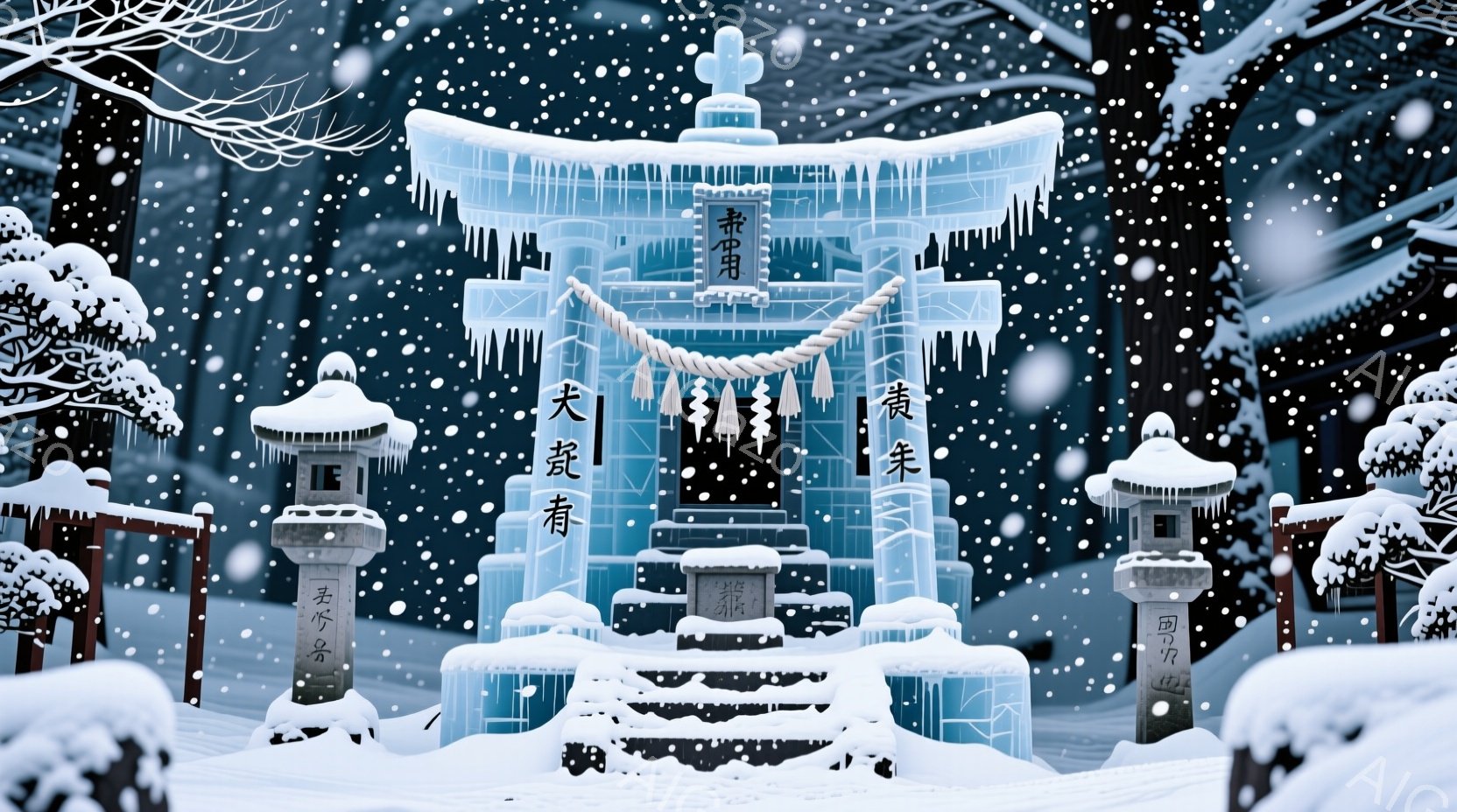 雪が降り積もる中、氷でできた鳥居と小さな灯篭が並んでいる。鳥居には「出雲大社」と書かれた装飾が施され、雪景色の中で幻想的な雰囲気を醸し出している。背景には木々が見え、冬の静寂さと美しさを強調している。