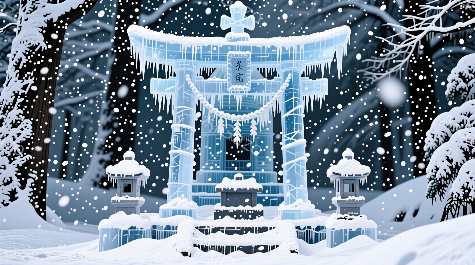 雪景色の中に、氷で作られた鳥居が立っている。鳥居の周りには雪で覆われた松の木々があり、背景は一面の雪景色で、静かで幻想的な雰囲気が漂っている。氷の鳥居は繊細な装飾が施されており、厳寒の中、美しい光景を作り出している。