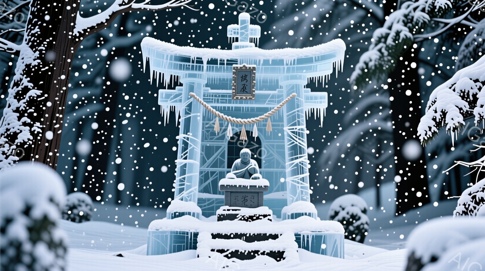 雪深い森の中に、氷で作られた小さなお堂が建っています。お堂の中には、僧侶のような服装をした人物が座禅を組み、静かに瞑想しています。周囲は雪に覆われた木々で囲まれ、幻想的で穏やかな雰囲気を醸し出しています。
