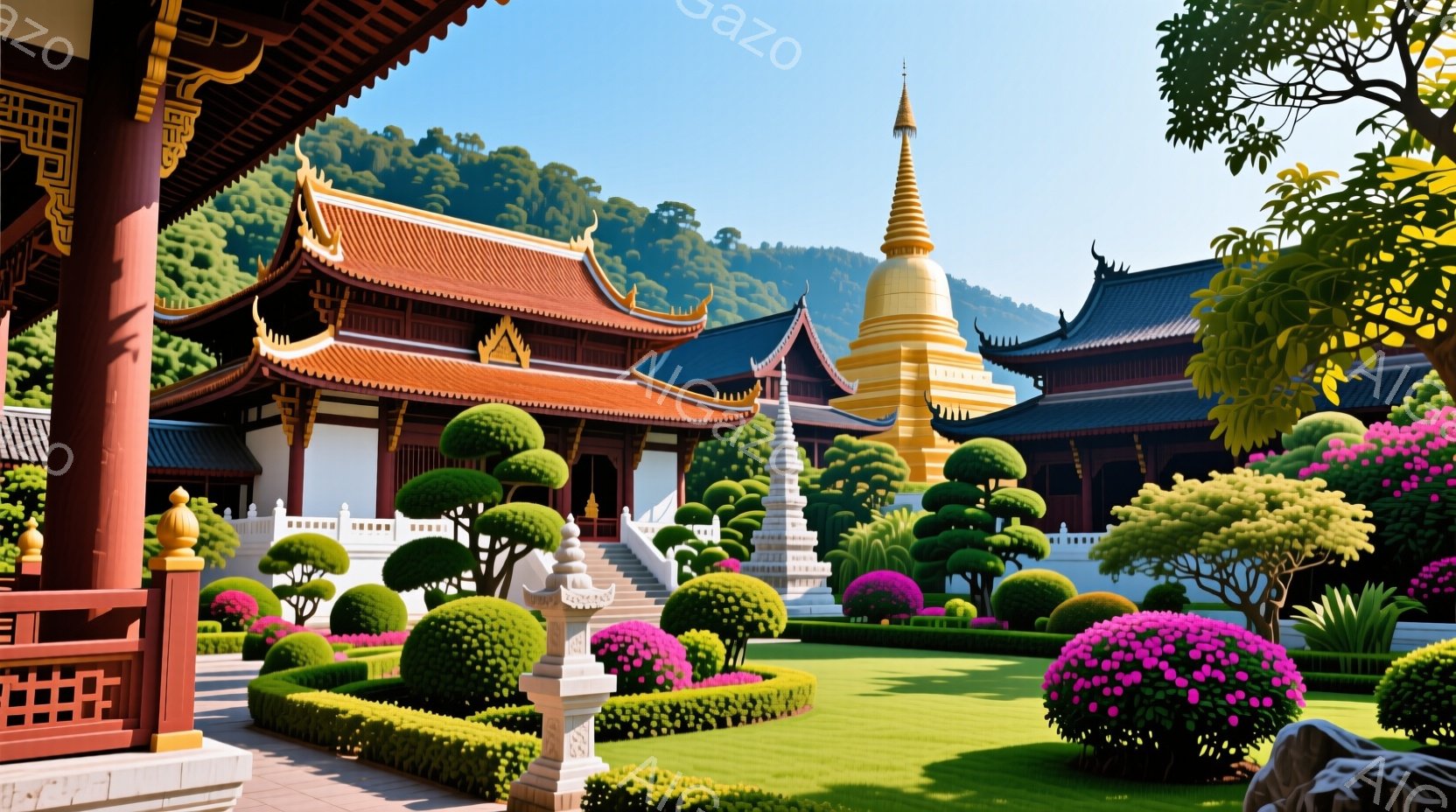 美しい庭園の中に、鮮やかな色彩の寺院と仏塔が並んでいる。手入れの行き届いた芝生と幾何学的に配置された低木が庭を彩り、背景には緑豊かな山々が広がっている。晴天の下、穏やかで平和な雰囲気が漂っている。 - AI生成フリー素材