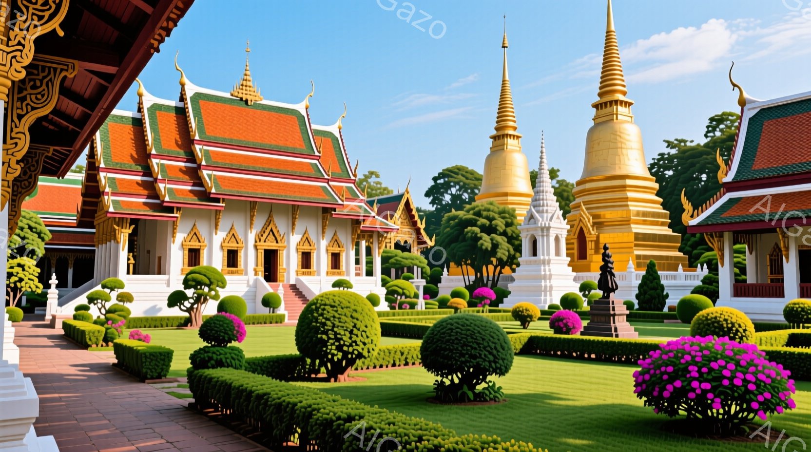 広大な緑の芝生広場には、整然と手入れされた低い生垣とカラフルな花壇が配置され、荘厳な寺院と黄金の尖塔がそびえ立っている。寺院は鮮やかな色彩で装飾され、タイ様式の建築様式が際立っている。晴天の下、明るい日差しが降り注ぎ、穏やかで平和な雰囲気が漂っている。