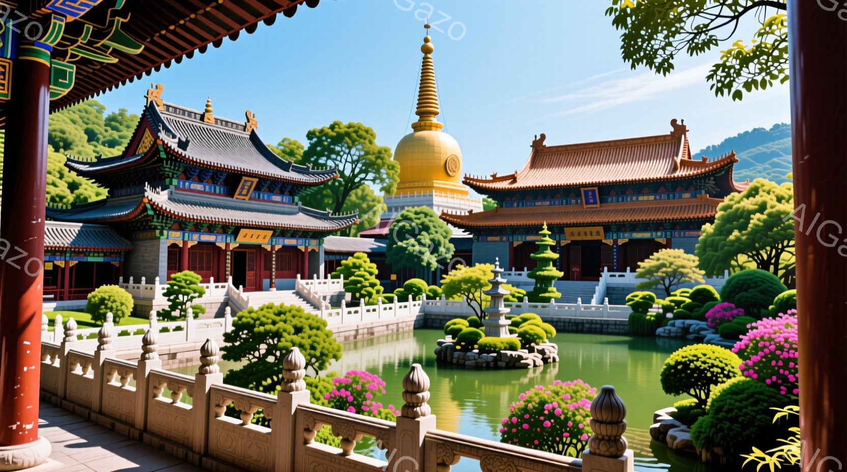 広大な庭園の中に、鮮やかな色彩の寺院と仏塔が建ち並び、穏やかな池がその中心に広がっています。手入れの行き届いた庭には緑豊かな樹木とカラフルな花が咲き誇り、まるで絵画のような美しい光景です。晴天の下、建 - AI生成フリー素材