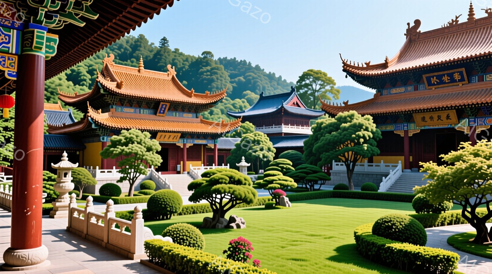 広大な緑の芝生と整然と手入れされた生垣に囲まれた、鮮やかな色彩の寺院が印象的な風景です。朱色の柱や緑色の屋根を持つ建物は、青い空と緑豊かな山々の背景に浮かび、静寂と調和の雰囲気を醸し出しています。手入 - AI生成フリー素材