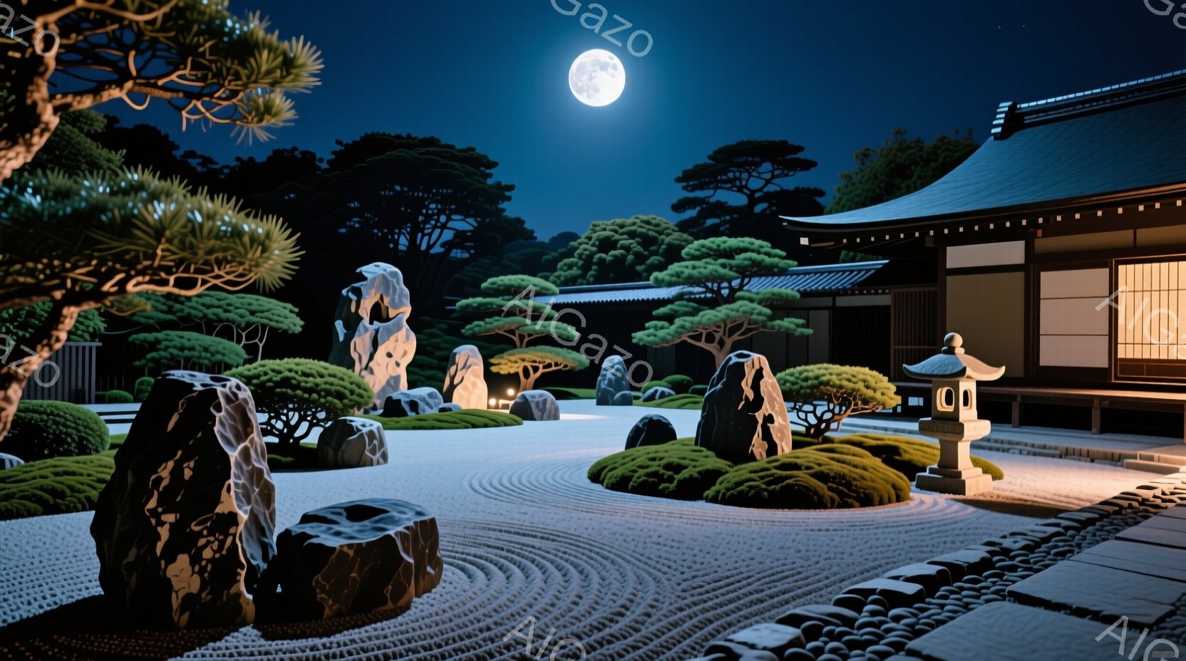 静寂に包まれた日本庭園が月明かりの下に広がっている。白砂の庭には、苔むした岩や手入れの行き届いた低木が配置され、奥には伝統的な日本建築の建物が見える。庭園全体は、落ち着いた雰囲気で、静けさと調和が感じ - AI生成フリー素材