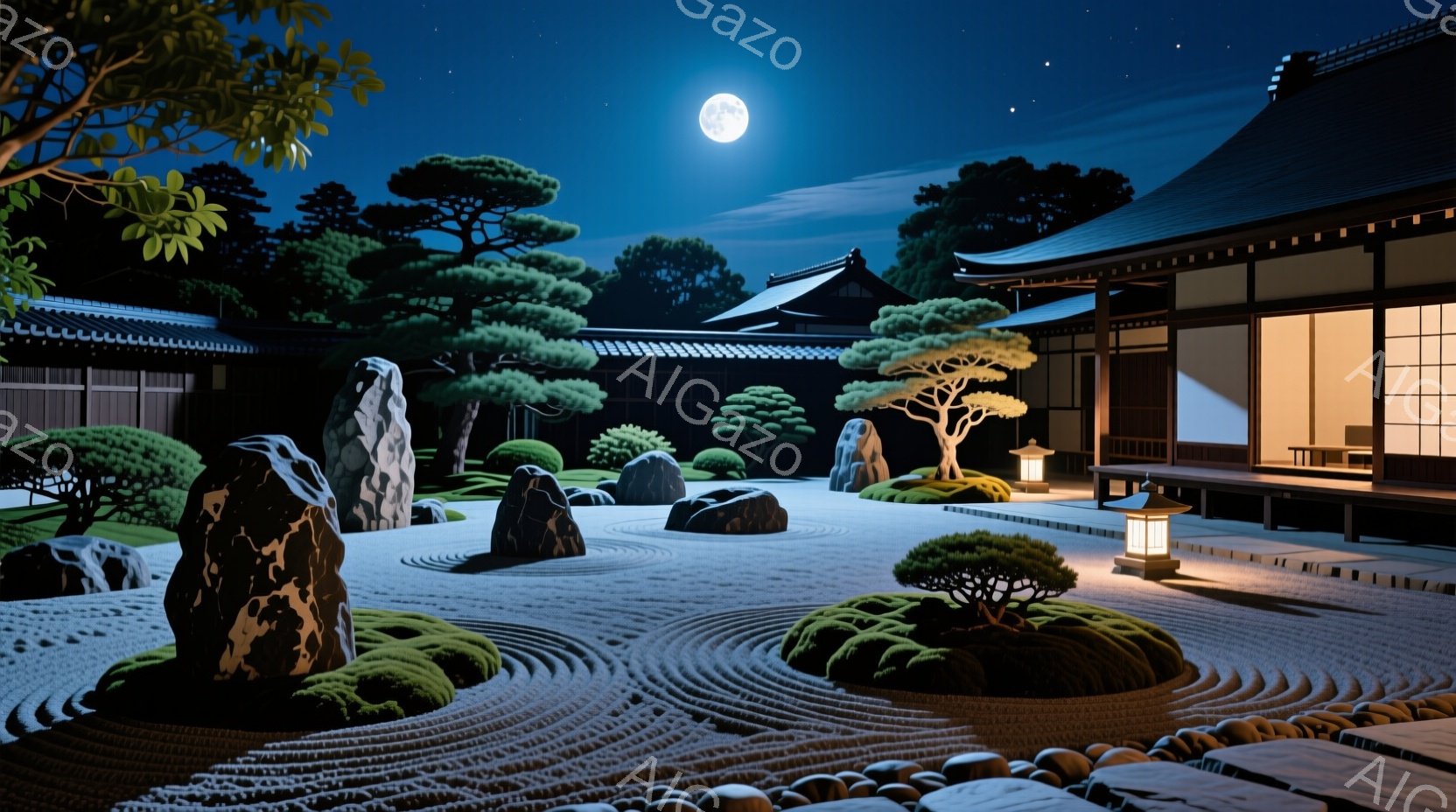 庭園には、白砂で丁寧に配置された波模様が広がっており、苔むした緑の低木や、堂々とした岩が点在している。背景には、伝統的な瓦屋根の建物が静かに佇み、月明かりが庭全体を照らしている。夜空には満月が輝き、静 - AI生成フリー素材