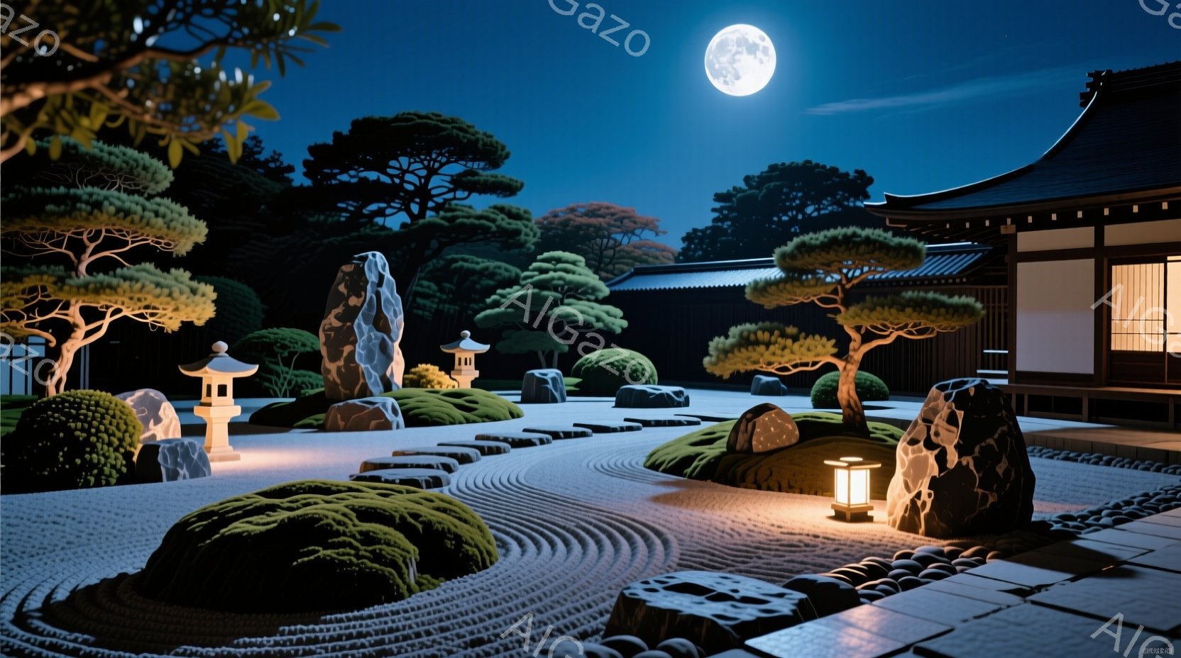 満月の夜、日本庭園が照らされている。白砂の庭には、苔むした石や趣のある灯篭が配置され、手入れの行き届いた黒松が庭を彩っている。建物は伝統的な様式で、静寂な夜の風景が、日本の美意識を表現している。 - AI生成フリー素材
