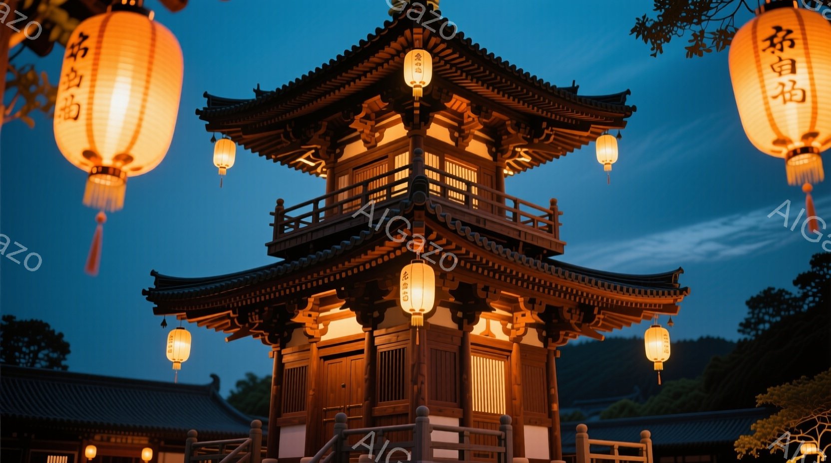 古風な木造の塔が夜の空を背景に浮かび上がっている。塔は複雑な屋根構造と繊細な彫刻が施されており、柔らかい光を放つ提灯がその美しさを引き立てている。周囲は緑豊かな自然に囲まれ、静寂で神秘的な雰囲気が漂っ - AI生成フリー素材