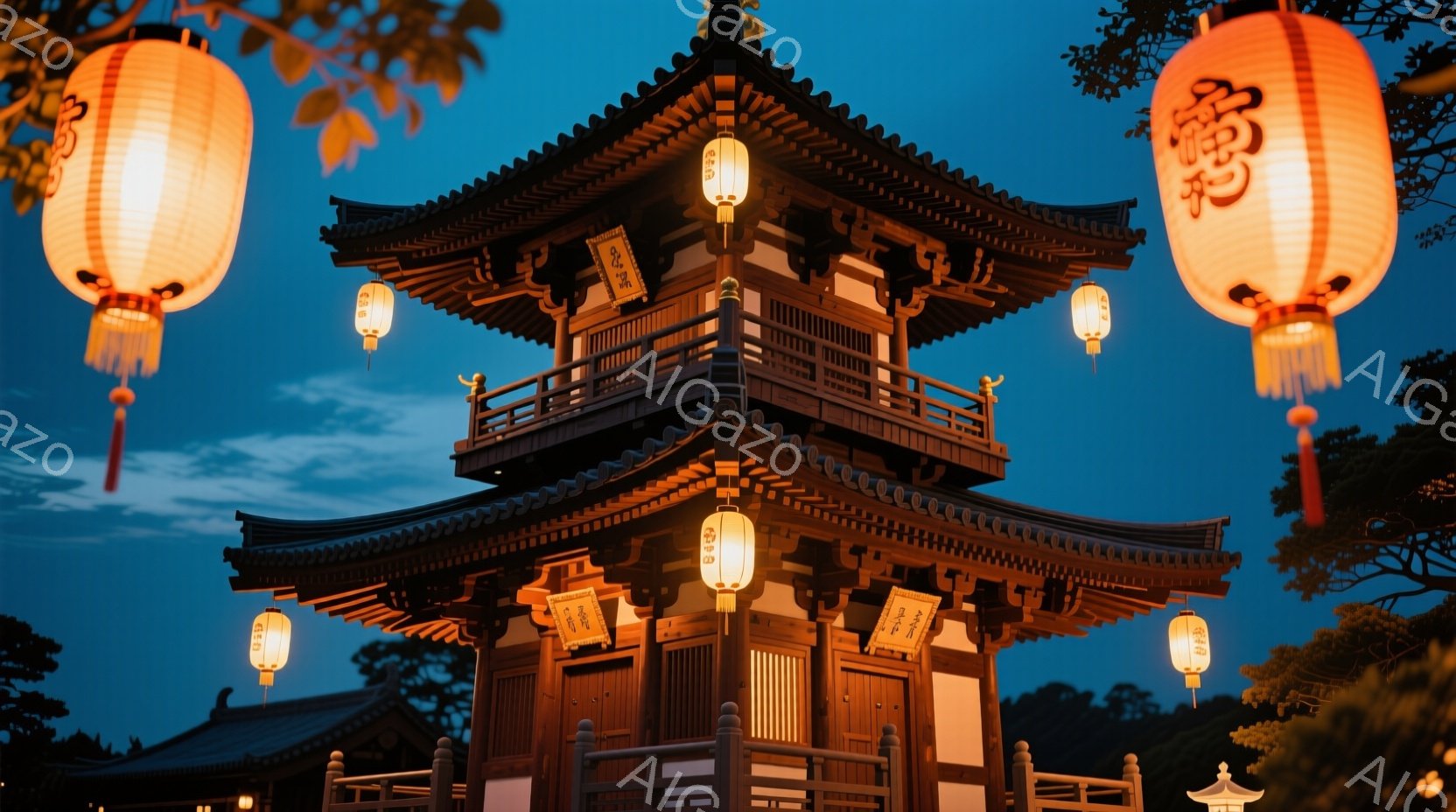 古風な木造の塔が夕暮れ時に照らされています。周囲には緑豊かな木々が見え、柔らかな光が塔の複雑な構造を際立たせています。提灯が塔を飾り、暖かく幻想的な雰囲気を醸し出しています。 - AI生成フリー素材