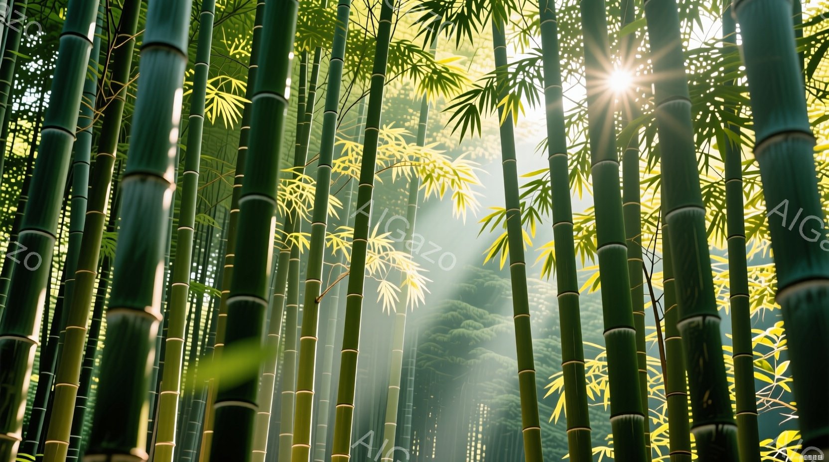 緑豊かな竹林が広がり、太陽の光が竹の葉の間から差し込み、幻想的な雰囲気を醸し出している。竹は高くそびえ立ち、その密度は視線を遮り、神秘的な空間を作り出している。光と影のコントラストが鮮やかで、自然の美しさと静寂が感じられる。