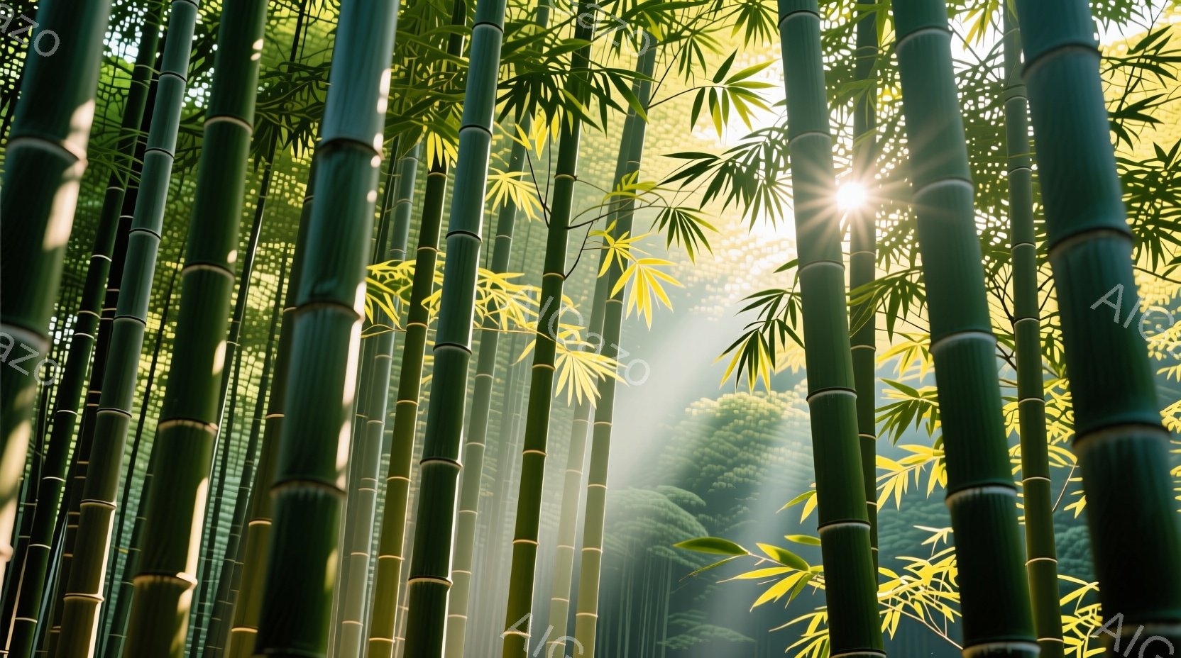 鮮やかな緑色の竹林が写真全体を覆っており、太陽光が竹の葉の間から差し込み、幻想的な光の筋を作り出している。遠景には霧がかった山々が見え、静寂で神秘的な雰囲気を醸し出している。竹林の緑と光のコントラストが、自然の美しさを際立たせている。