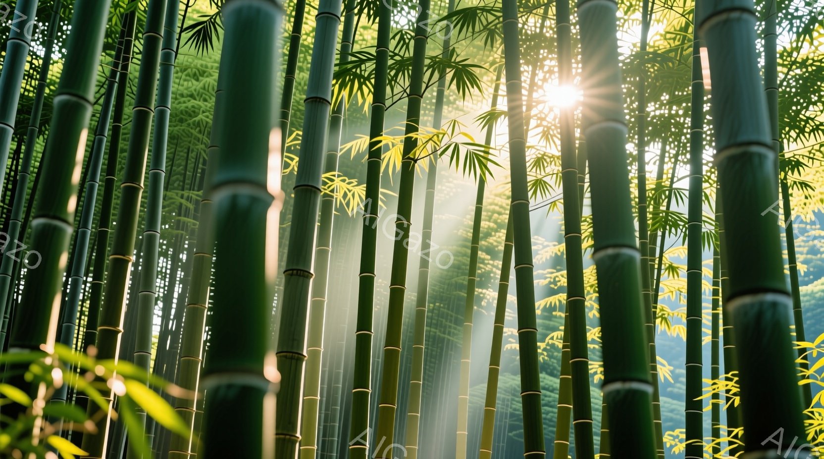 緑色の竹林が密集しており、太陽光が隙間から差し込み、幻想的な光景を作り出している。竹の葉は鮮やかな緑色で、日の光に照らされ輝いている。背景にはぼんやりとした山々が見え、静寂で穏やかな雰囲気が漂っている - AI生成フリー素材