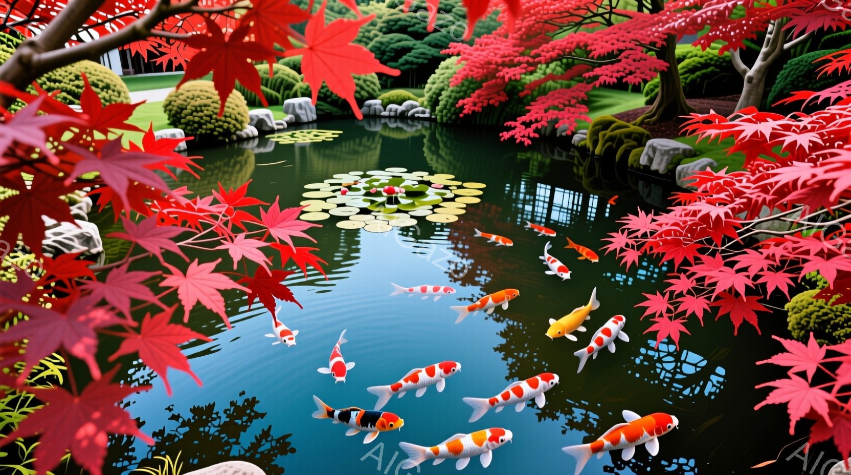 鮮やかな朱色の紅葉が池の周りを彩り、池の中には色とりどりの鯉が泳いでいる。池の表面には緑の睡蓮が点在し、背景には手入れの行き届いた緑の木々と穏やかな水面が広がっている。全体的に、静寂で平和な秋の庭園の雰囲気が漂っている。