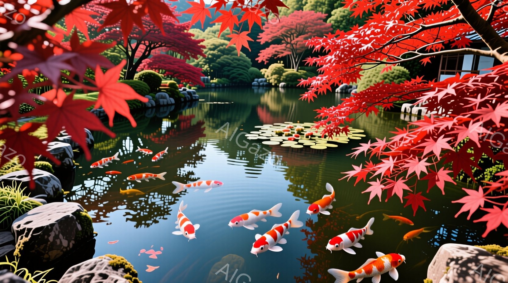 赤いもみじの葉が水面に散りばめられた穏やかな池には、たくさんの鯉が泳いでいる。背景には緑豊かな木々と、屋根がわずかに見える伝統的な建物があり、秋の静けさと温かさを感じさせる。水面には光が反射し、鮮やかな鯉と紅葉のコントラストが美しい。