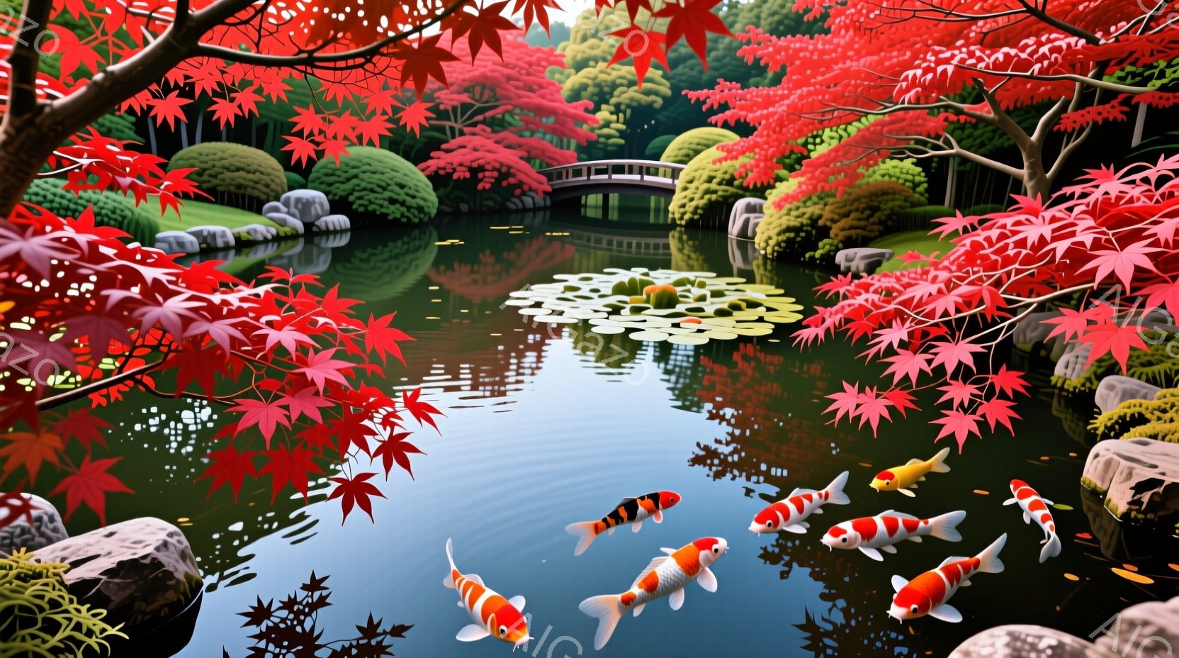 鮮やかな赤色の紅葉が水面に映り込み、池全体を染め上げています。池の中には、色とりどりの鯉が泳ぎ、水面を波紋で飾っています。背景には緑豊かな植物と石組が見られ、穏やかで静謐な秋の雰囲気が漂っています。