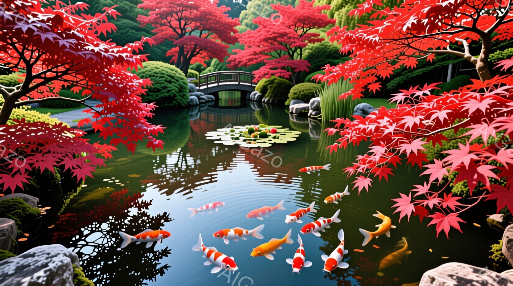 赤い紅葉が美しい池には、色とりどりの鯉が泳ぎ回っています。池の奥には、アーチ型の橋が見え、池の周りには緑豊かな植物や岩が配置されています。全体的に、静かで穏やかな、秋の自然の雰囲気が漂っています。
