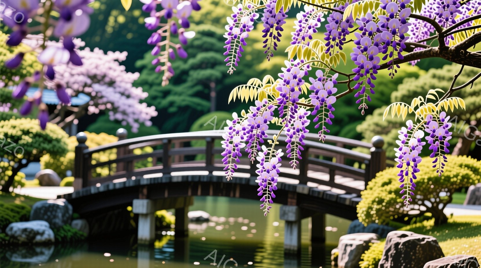 鮮やかな藤の花が、アーチ状の橋にかかり、その下を静かな水面が流れている風景です。橋の周りには緑豊かな木々や岩が配置され、日本の伝統的な庭園の美しさを際立たせています。穏やかな光が差し込み、春の穏やかで幻想的な雰囲気を醸し出しています。