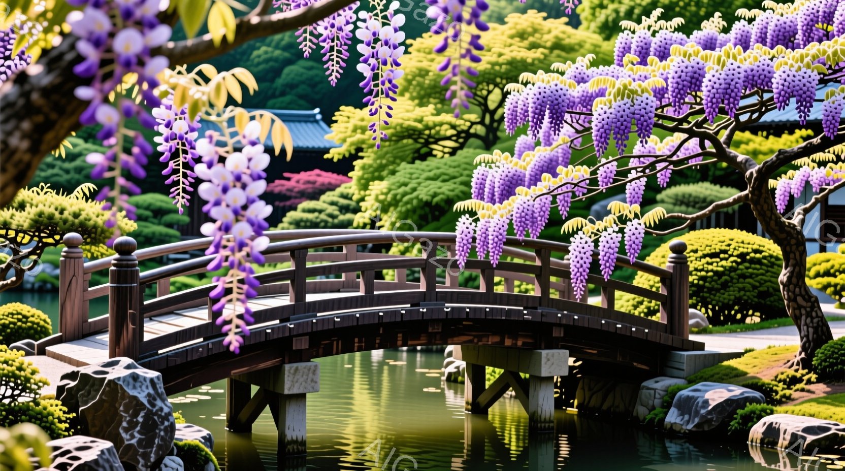 鮮やかな藤の花がアーチ状に咲き誇り、その下に茶色の曲線的な橋が映えています。橋の周りは緑豊かな庭園で、手入れされた木々と水面に反射する景色が穏やかな雰囲気を醸し出しています。背景には伝統的な日本建築が見え、静寂で美しい日本の風景を描いています。