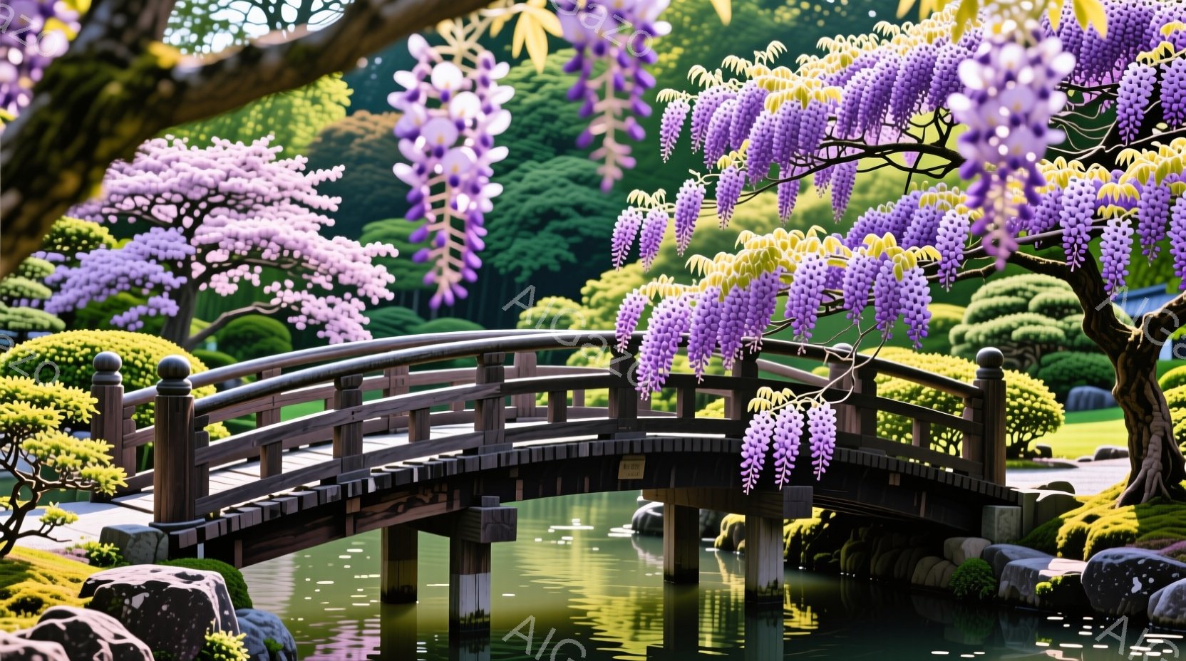 美しい庭園に架かる曲線的な木製の橋が印象的です。藤の花が咲き乱れ、橋に紫色の影を落としています。背景には手入れの行き届いた庭園と緑豊かな木々が見え、穏やかで平和な雰囲気が漂っています。