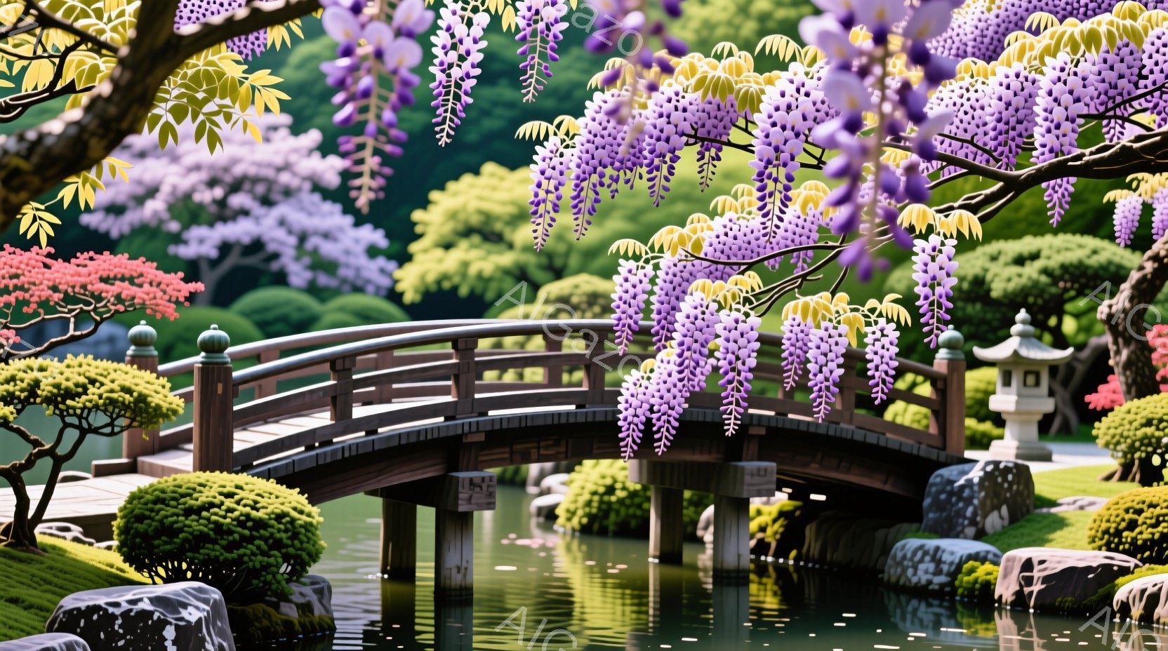 紫藤の花が咲き乱れる庭園に、丸みを帯びた木製の橋が架かっている。橋の下には水面が広がり、その上に橋の影が映り込んでいる。周囲には緑豊かな木々や手入れの行き届いた芝生、そして岩が配置され、穏やかで美しい雰囲気を醸し出している。