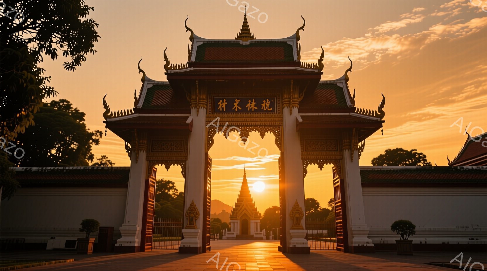 壮麗なタイ様式の門が夕日の光を浴びて黄金色に輝いている。門の奥には、尖塔が夕焼け空にシルエットとなって浮かび上がり、神聖な雰囲気を醸し出している。両側には整然と並んだ白い壁と、緑豊かな木々が見え、静寂と荘厳さが感じられる。
